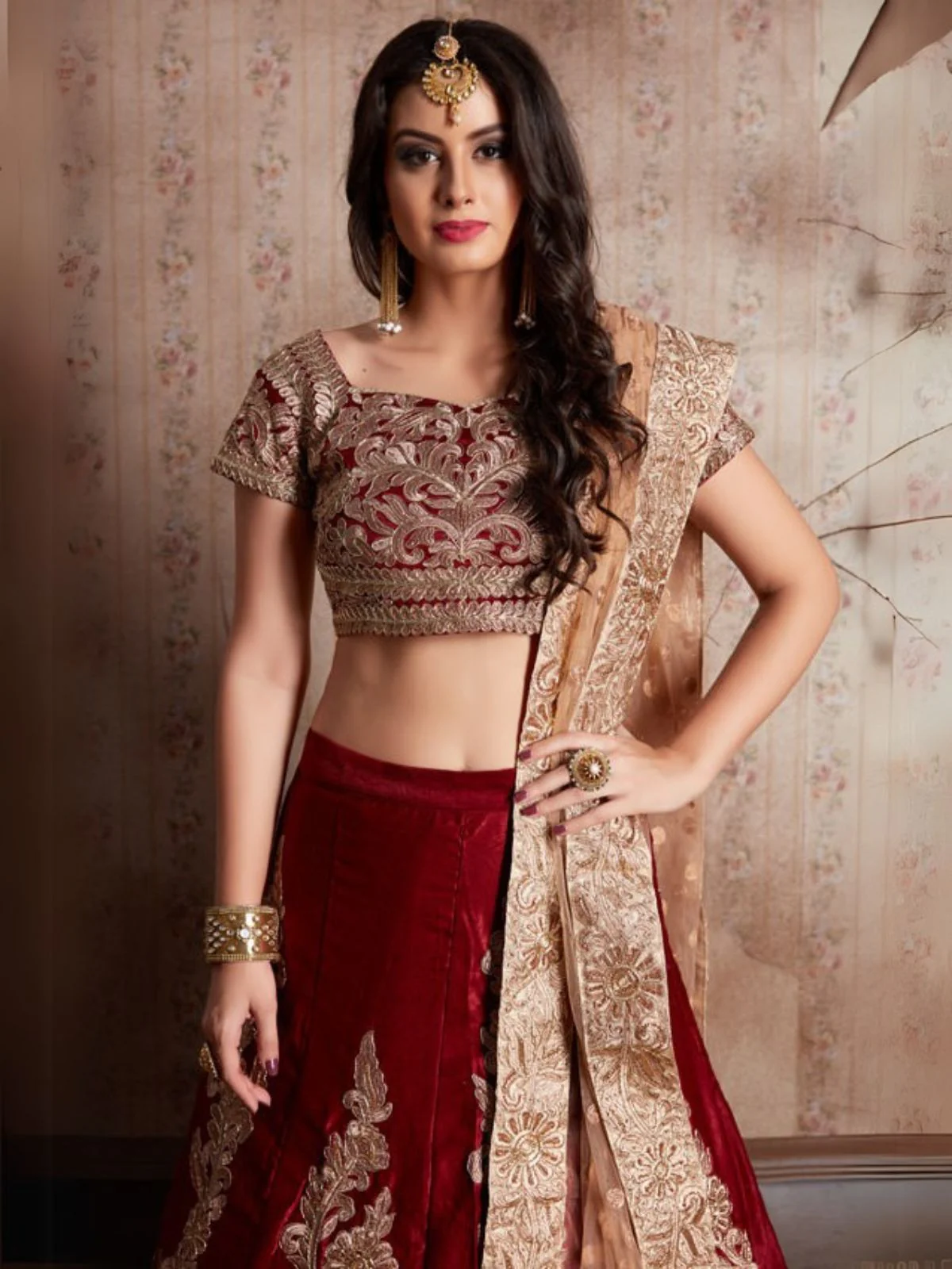 Odette Maroon Velvet Embroidered Semi-Stitched Lehenga With Unstitched Blouse For Women - Image 3