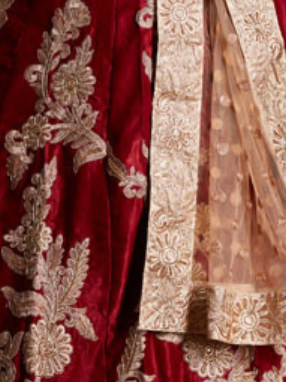 Odette Maroon Velvet Embroidered Semi-Stitched Lehenga With Unstitched Blouse For Women - Image 4