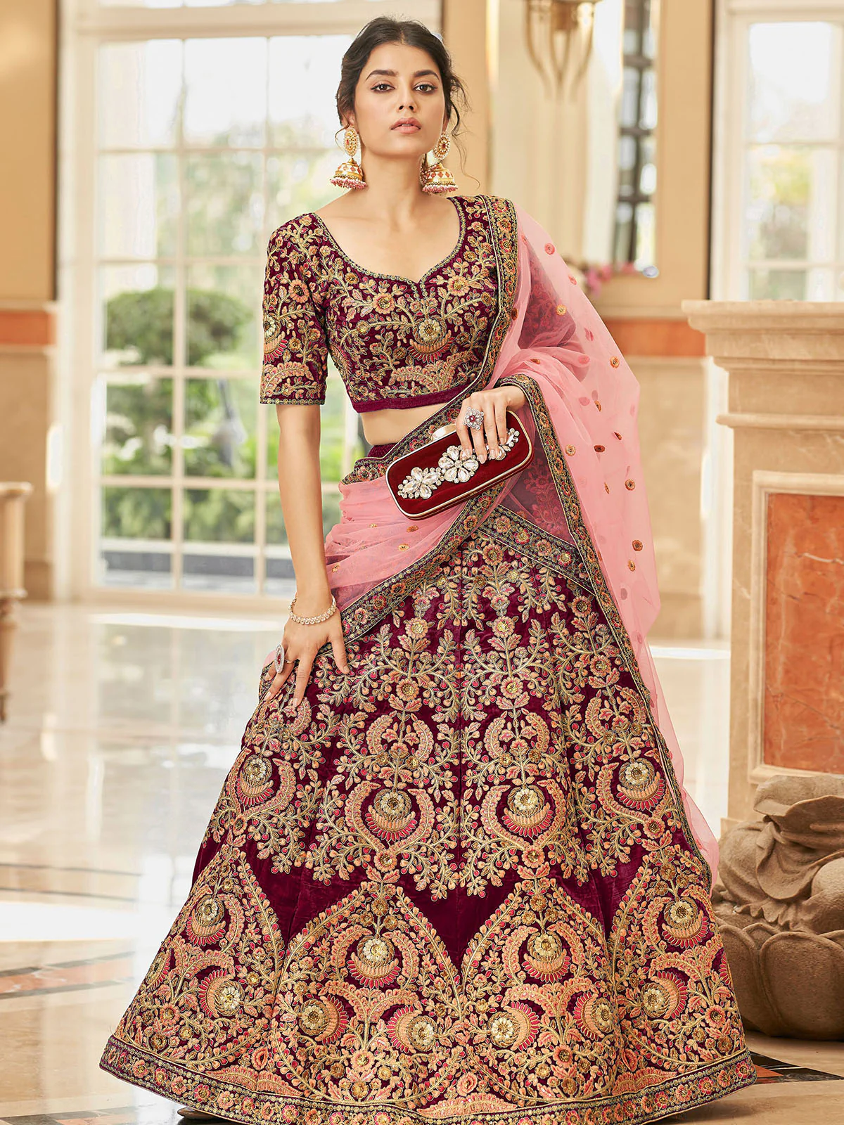 Odette Maroon Velvet Embroidered Semi Stitched Lehenga With Unstitched Blouse For Women - Image 2