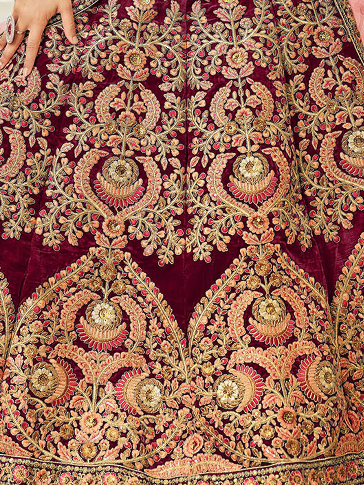 Odette Maroon Velvet Embroidered Semi Stitched Lehenga With Unstitched Blouse For Women - Image 5