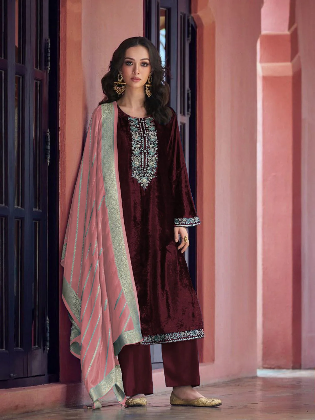 Odette Maroon Velvet Embroidery Semi-Stitched Kurta Set For Women