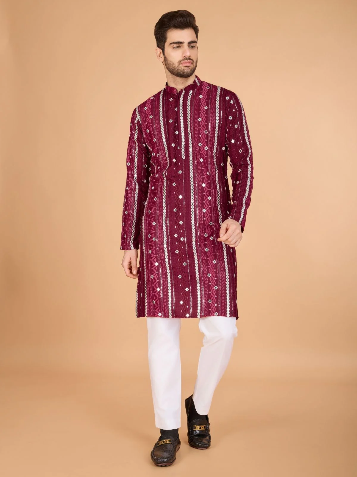 Odette Maroon Viscose Rayon Embroidered Stitched Kurta For Men - Image 2