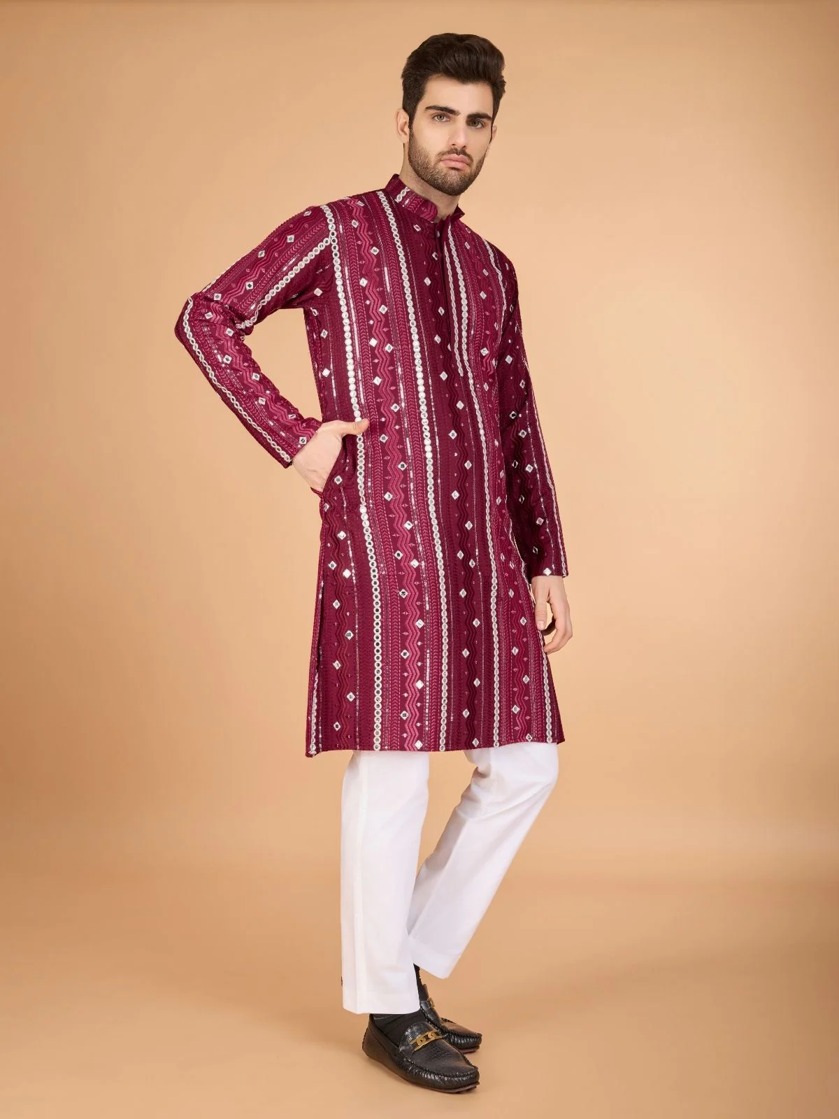 Odette Maroon Viscose Rayon Embroidered Stitched Kurta For Men - Image 3