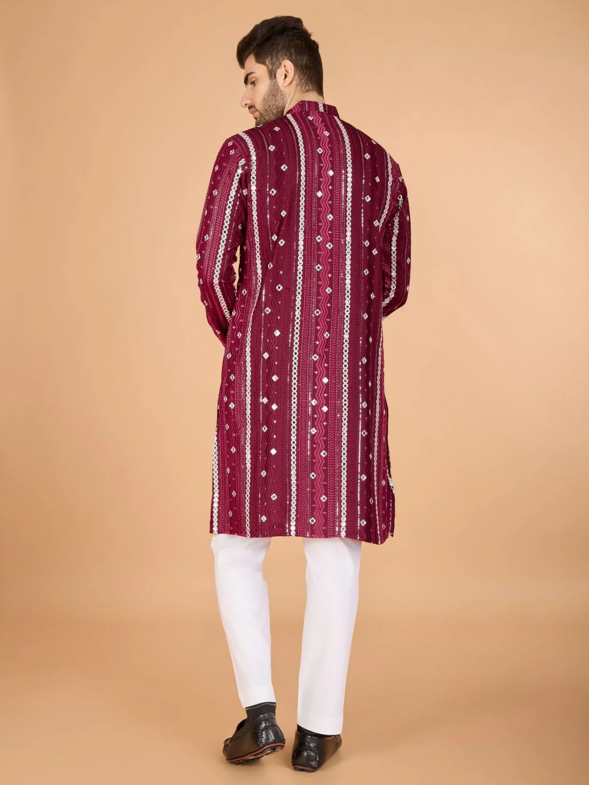 Odette Maroon Viscose Rayon Embroidered Stitched Kurta For Men - Image 4