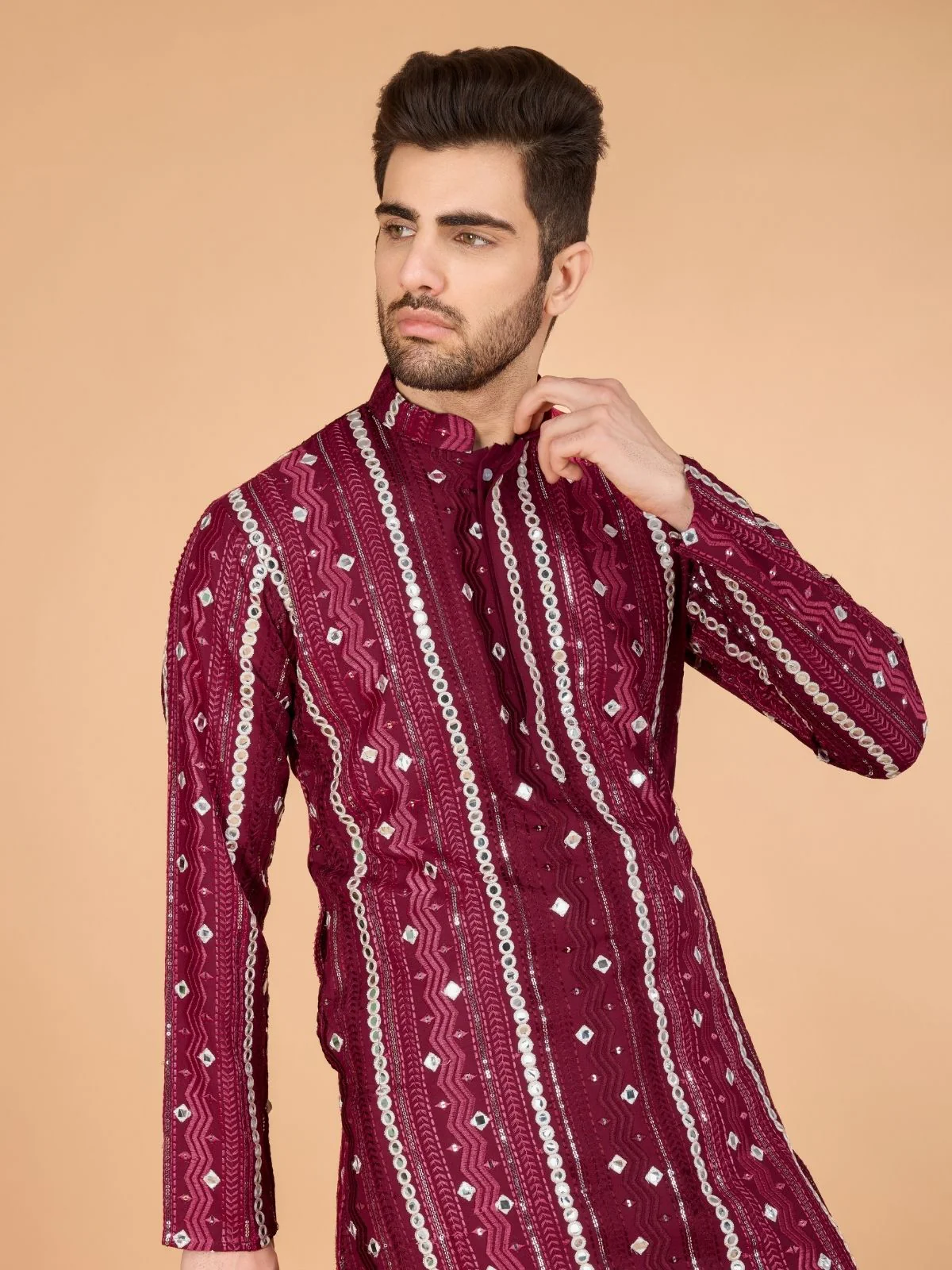 Odette Maroon Viscose Rayon Embroidered Stitched Kurta For Men - Image 5