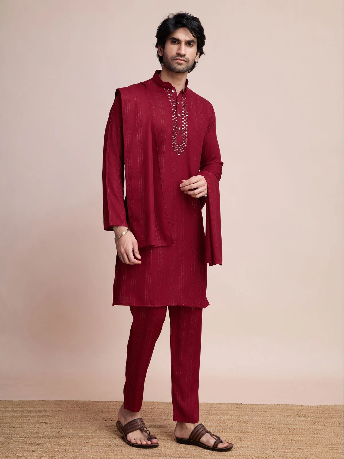 Odette Maroon Viscose Rayon Mirror Work Stitched Kurta Set For Men - Image 2