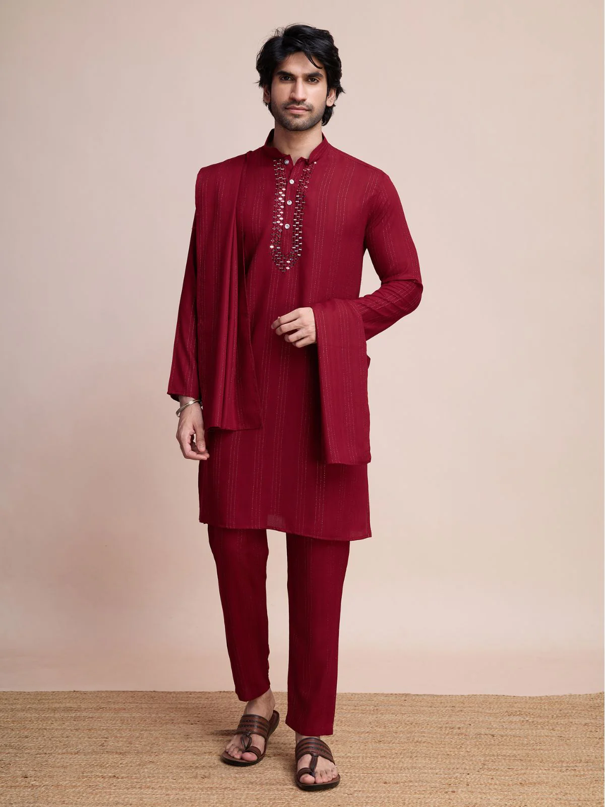 Odette Maroon Viscose Rayon Mirror Work Stitched Kurta Set For Men - Image 3