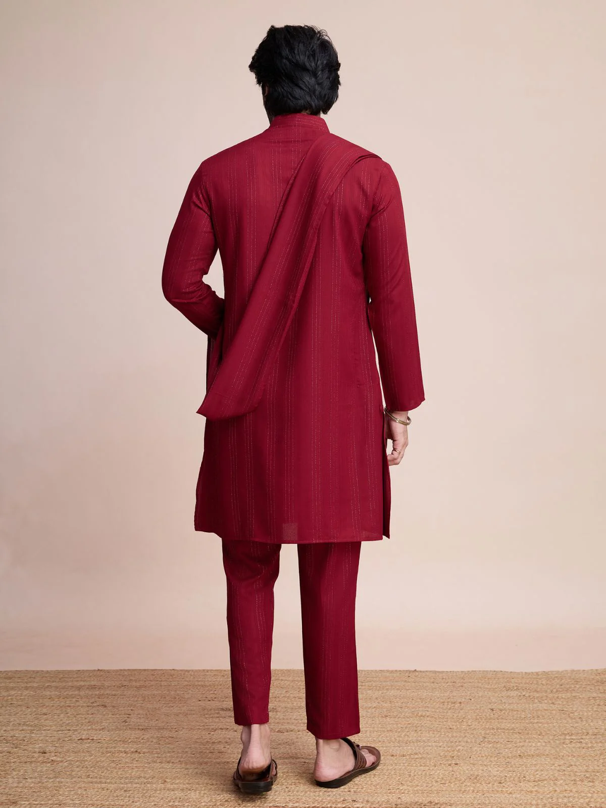 Odette Maroon Viscose Rayon Mirror Work Stitched Kurta Set For Men - Image 4
