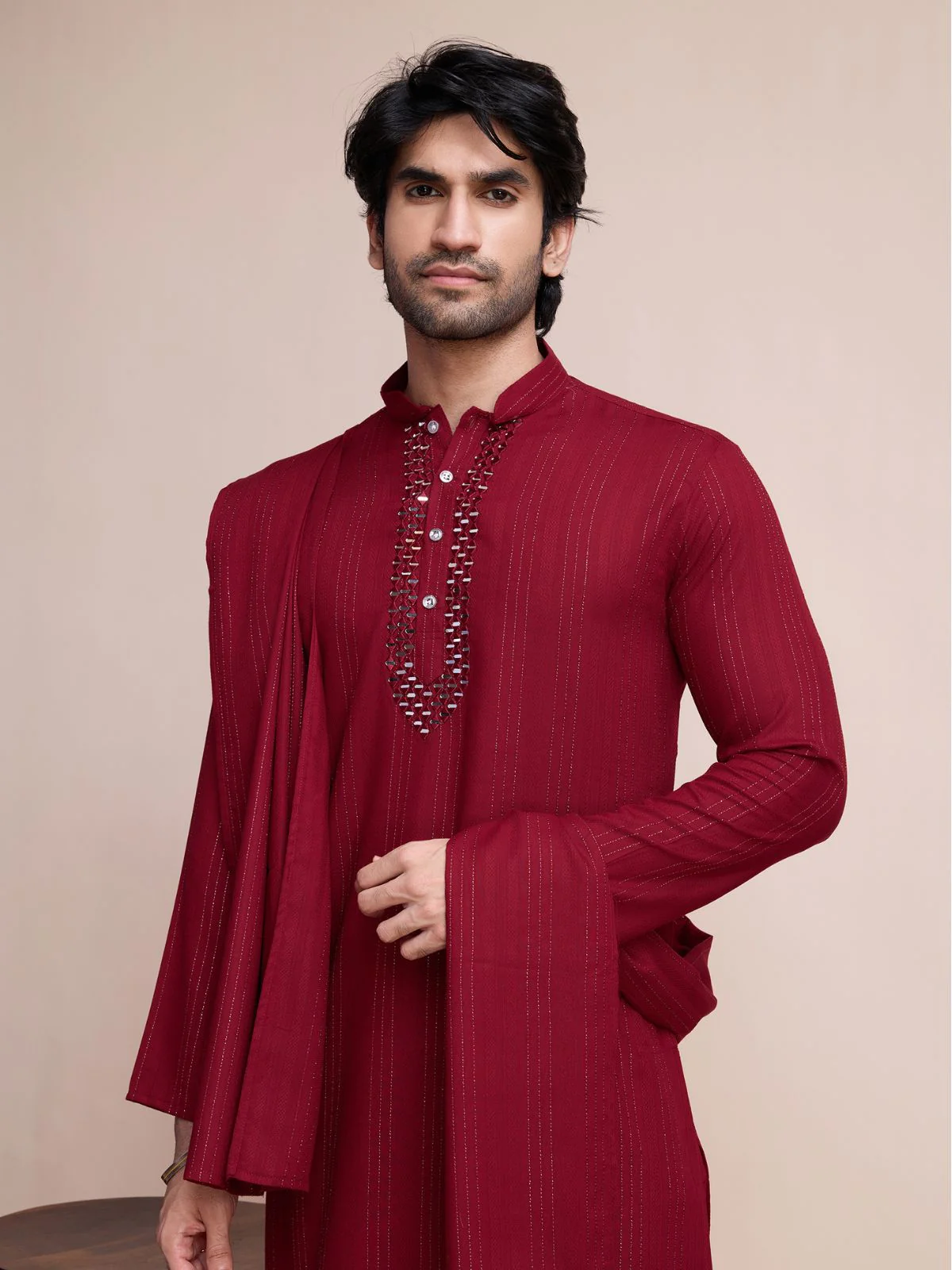 Odette Maroon Viscose Rayon Mirror Work Stitched Kurta Set For Men - Image 5