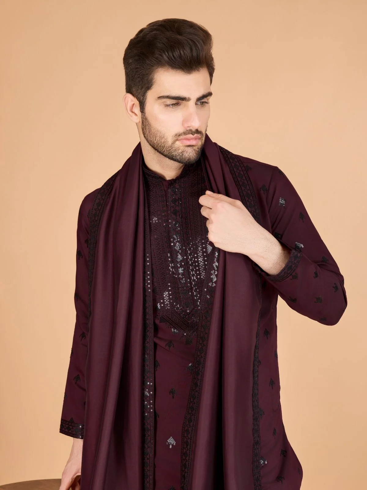 Odette Maroon Viscose Silk Embellished Stitched Kurta For Men - Image 5