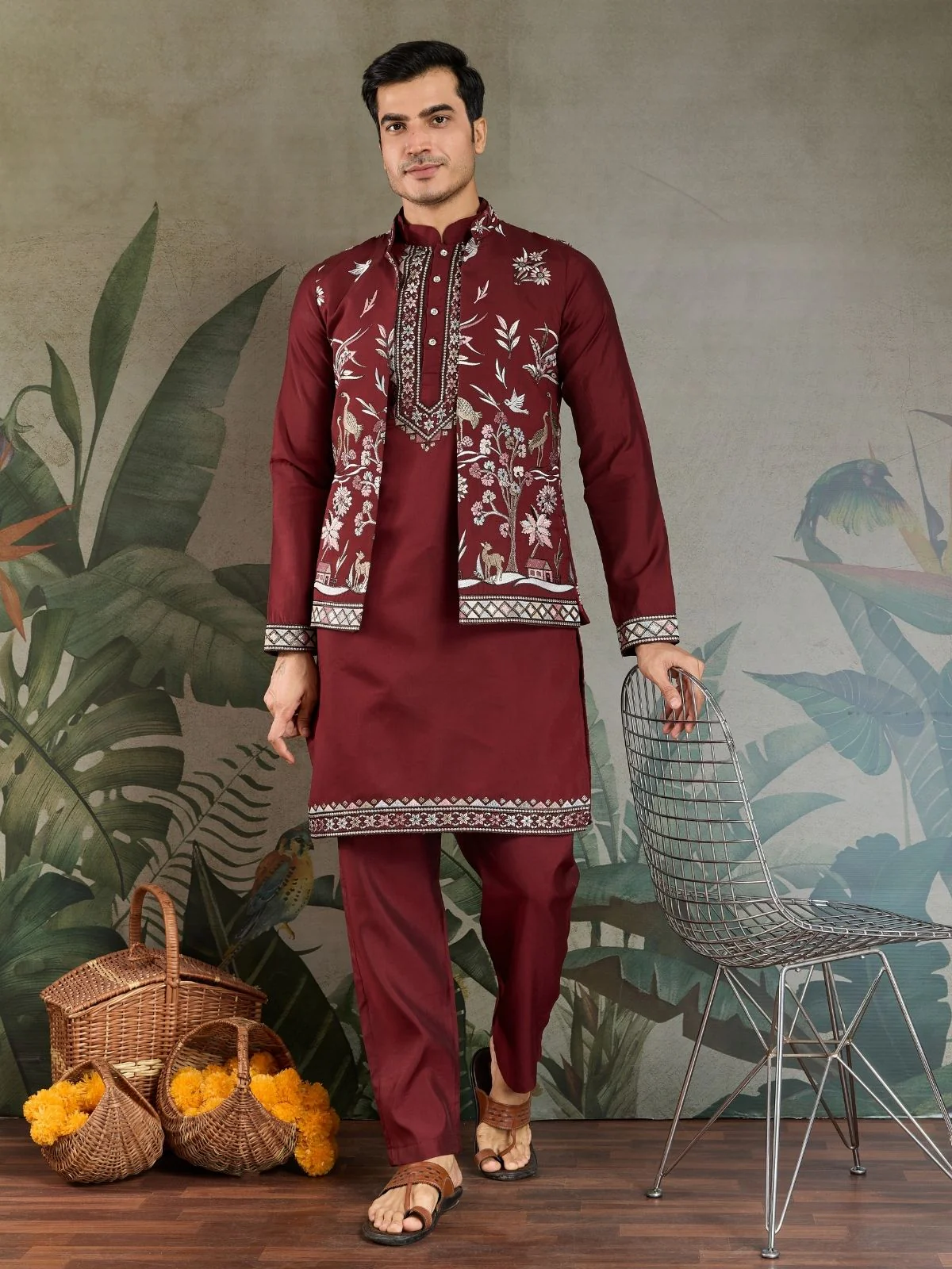 Odette Maroon Viscose Silk Embroidered Stitched Kurta Set For Men
