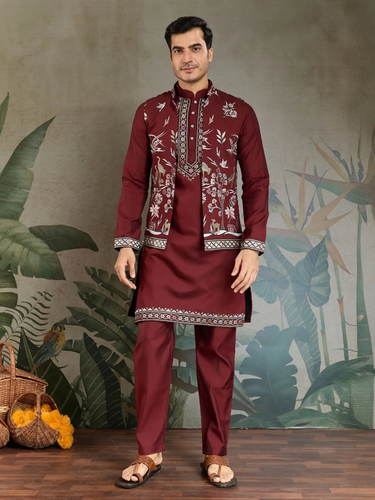 Odette Maroon Viscose Silk Embroidered Stitched Kurta Set For Men - Image 2