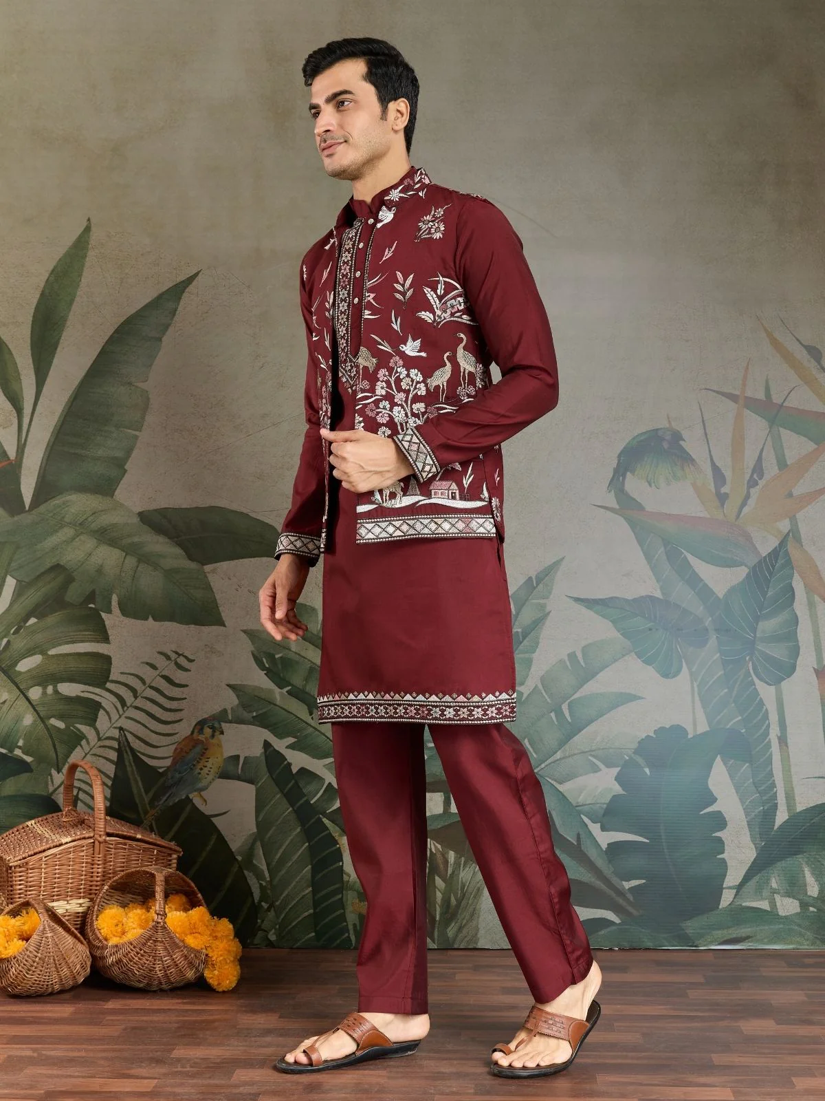 Odette Maroon Viscose Silk Embroidered Stitched Kurta Set For Men - Image 3