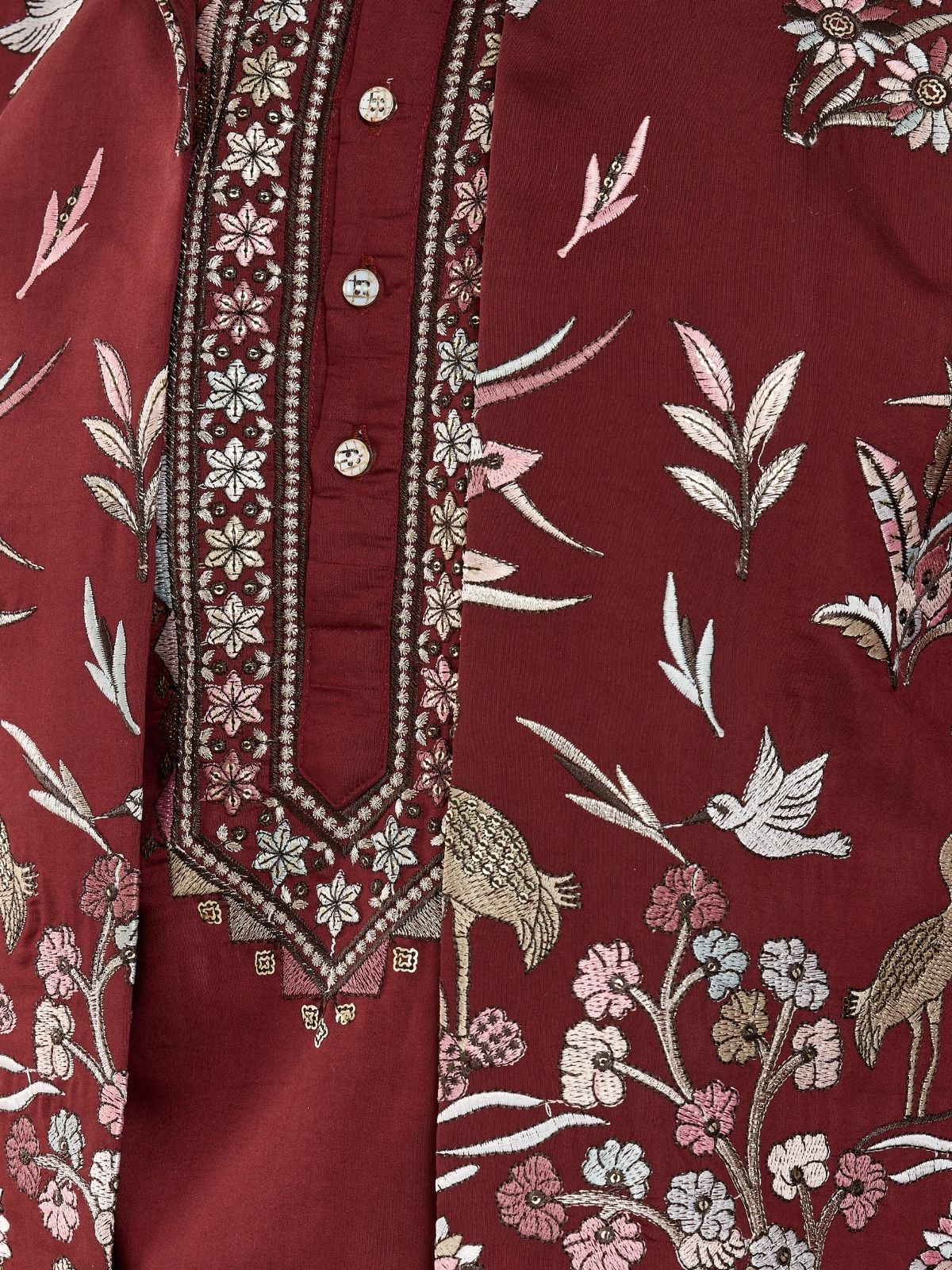 Odette Maroon Viscose Silk Embroidered Stitched Kurta Set For Men - Image 8