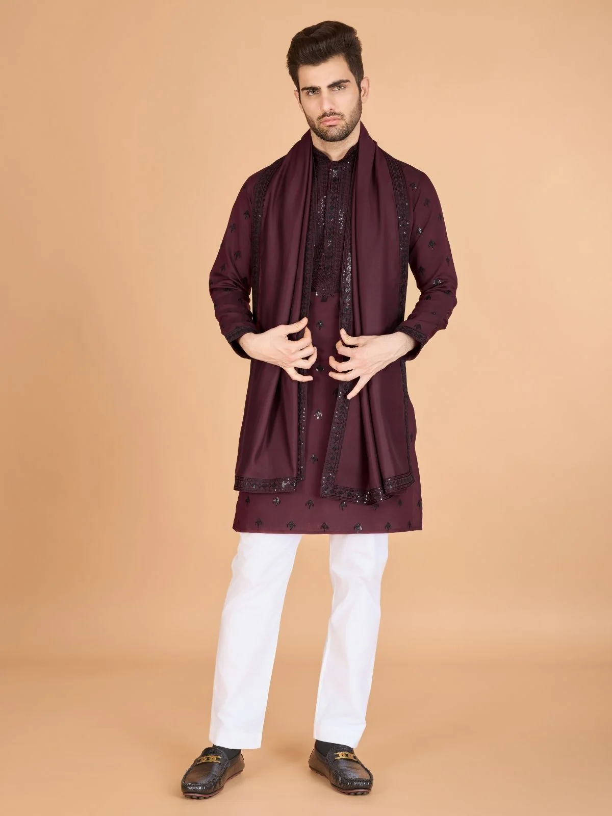 Odette Maroon Viscose Silk Sequence Stitched Kurta For Men - Image 3