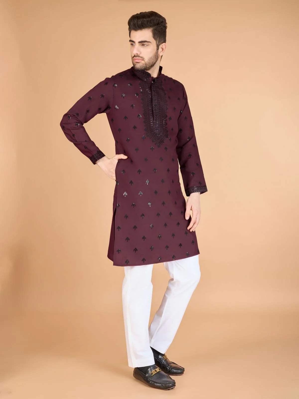 Odette Maroon Viscose Silk Sequence Stitched Kurta For Men - Image 4