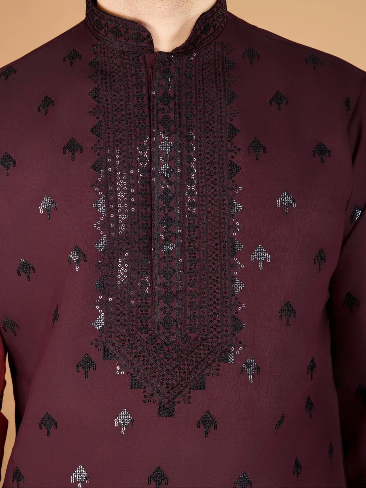 Odette Maroon Viscose Silk Sequence Stitched Kurta For Men - Image 7