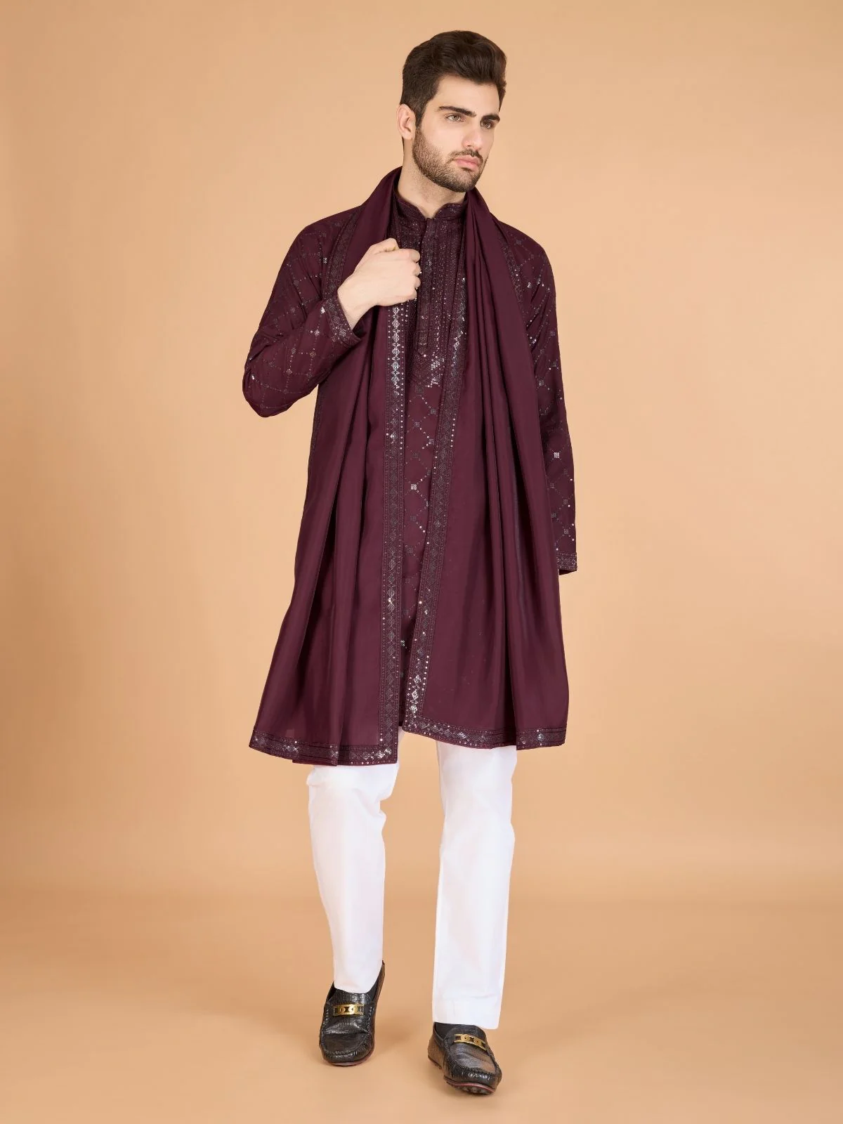 Odette Maroon Viscose Silk Sequins Stitched Kurta For Men - Image 2