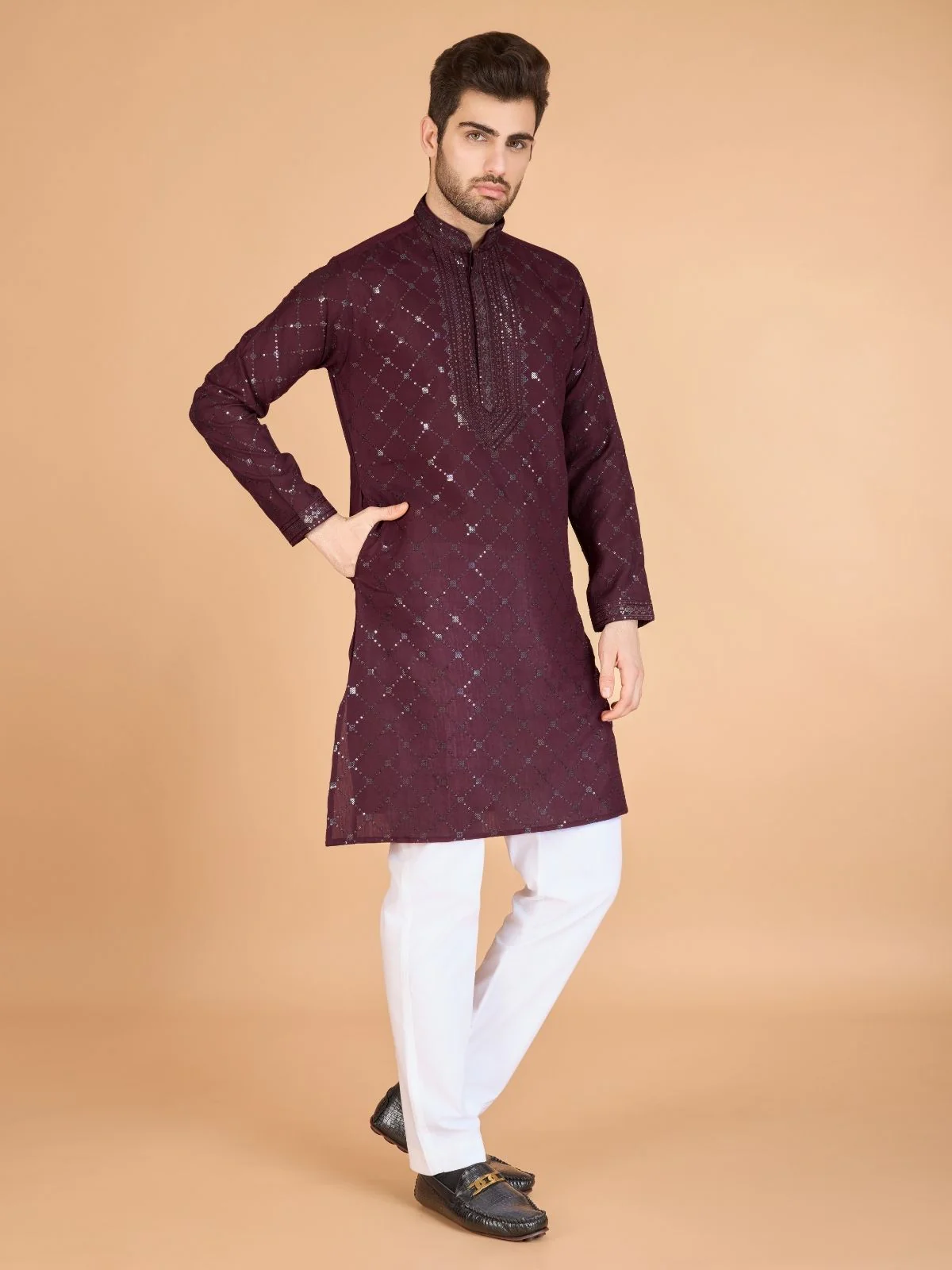 Odette Maroon Viscose Silk Sequins Stitched Kurta For Men - Image 4