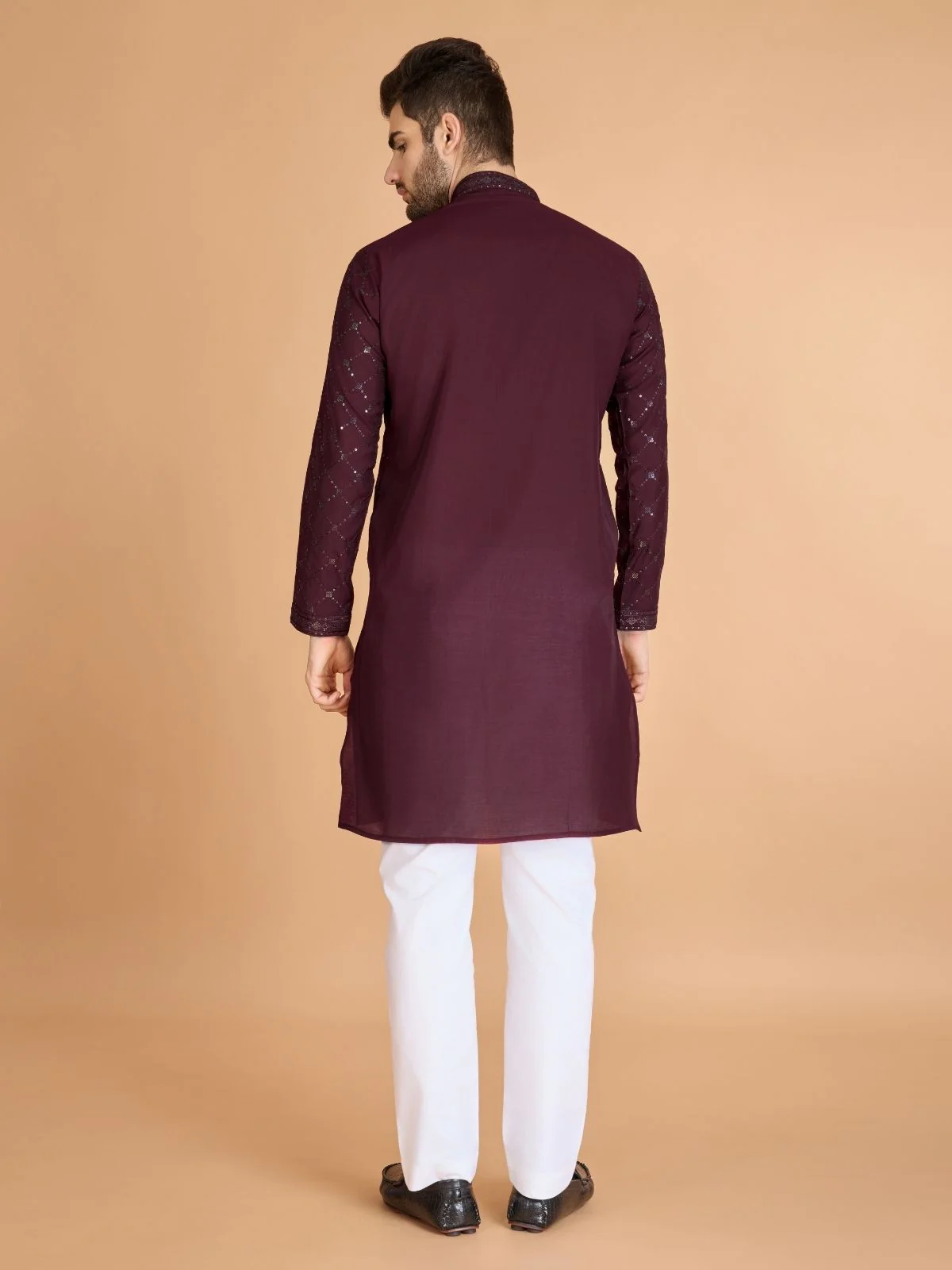 Odette Maroon Viscose Silk Sequins Stitched Kurta For Men - Image 5