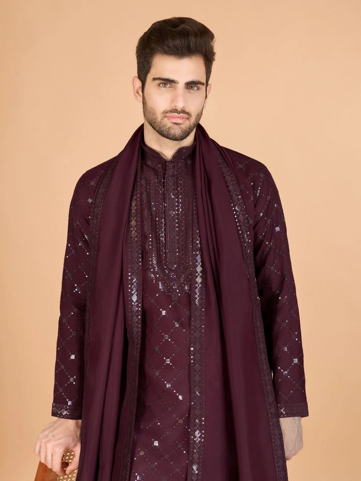 Odette Maroon Viscose Silk Sequins Stitched Kurta For Men - Image 6