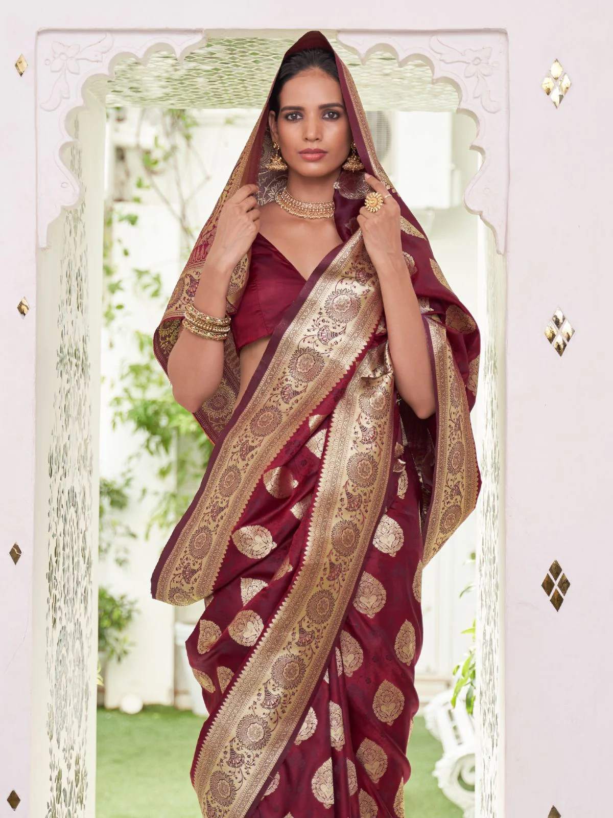 Odette Maroon Woven Design Satin Silk Saree With Unstitched Blouse For Women - Image 2