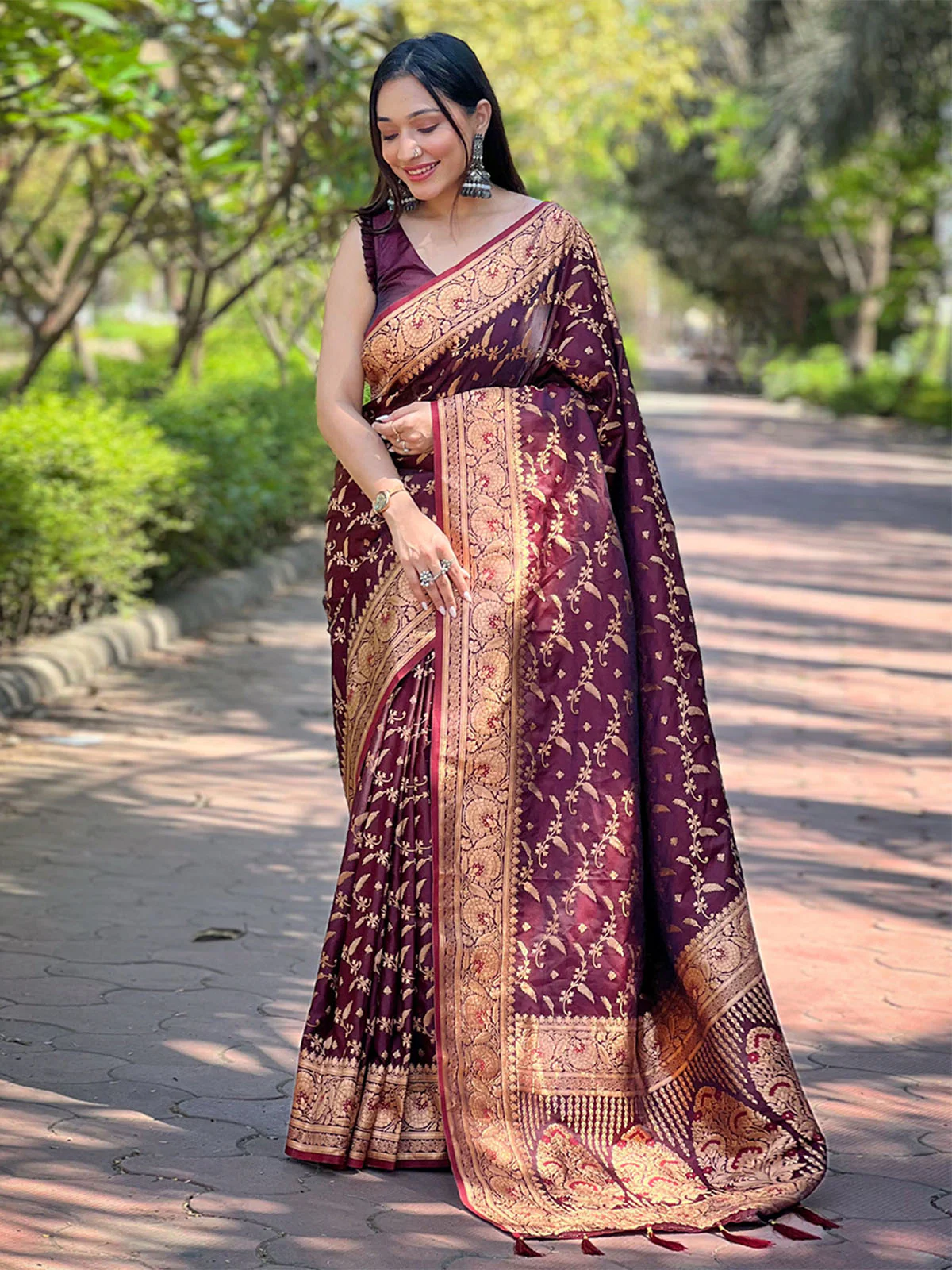 Odette Maroon Woven Design Silk Blend Saree With Unstitched Blouse For Women