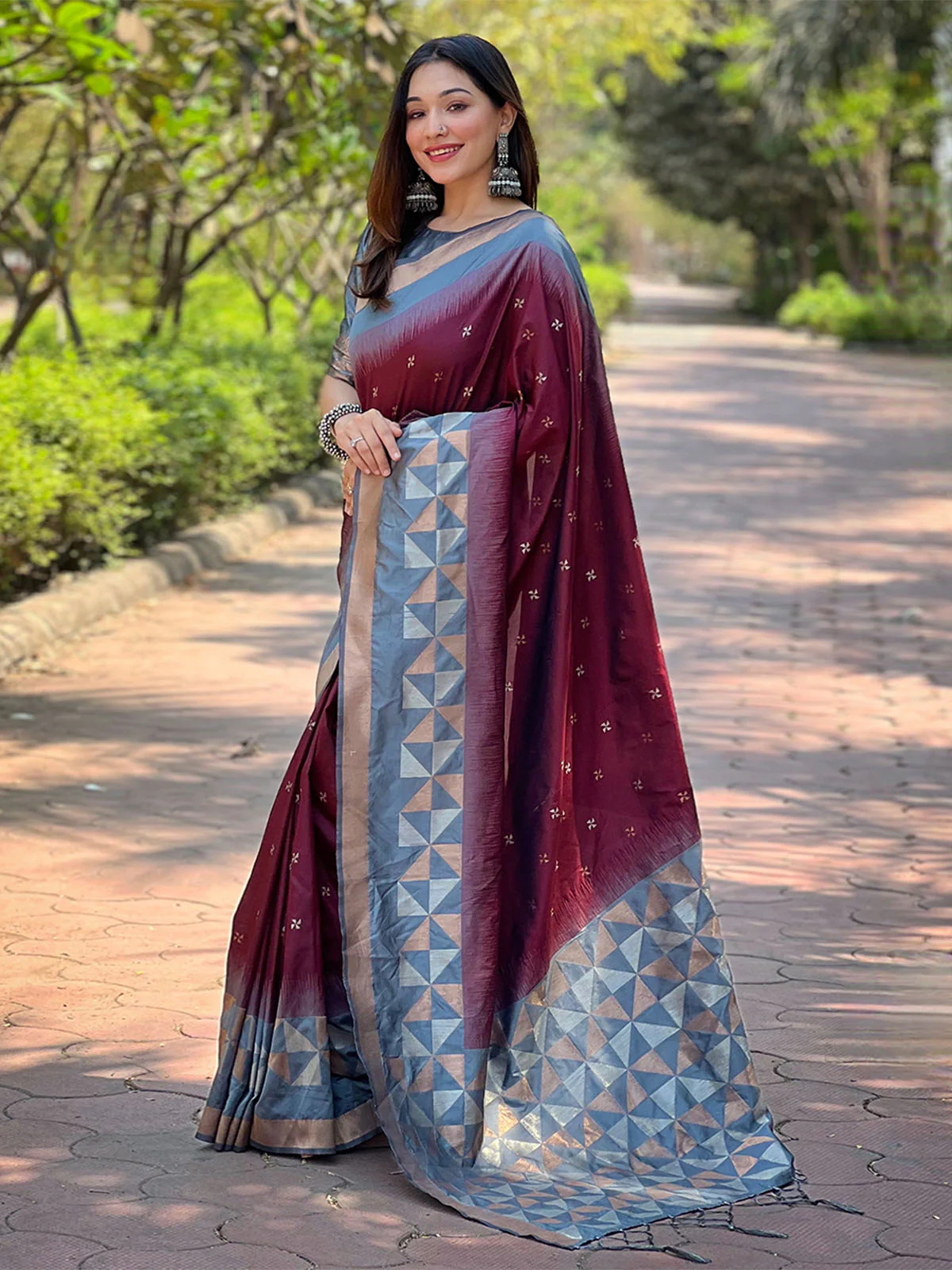 Odette Maroon Woven Design Soft Silk Saree With Unstitched Blouse For Women - Image 2