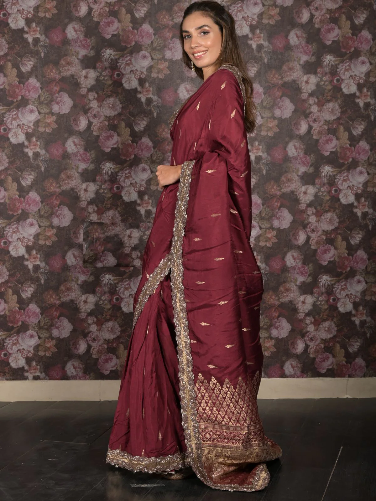 Odette Maroon Zari and Stone Embellished Woven Saree with Unstitched Blouse for Women - Image 3