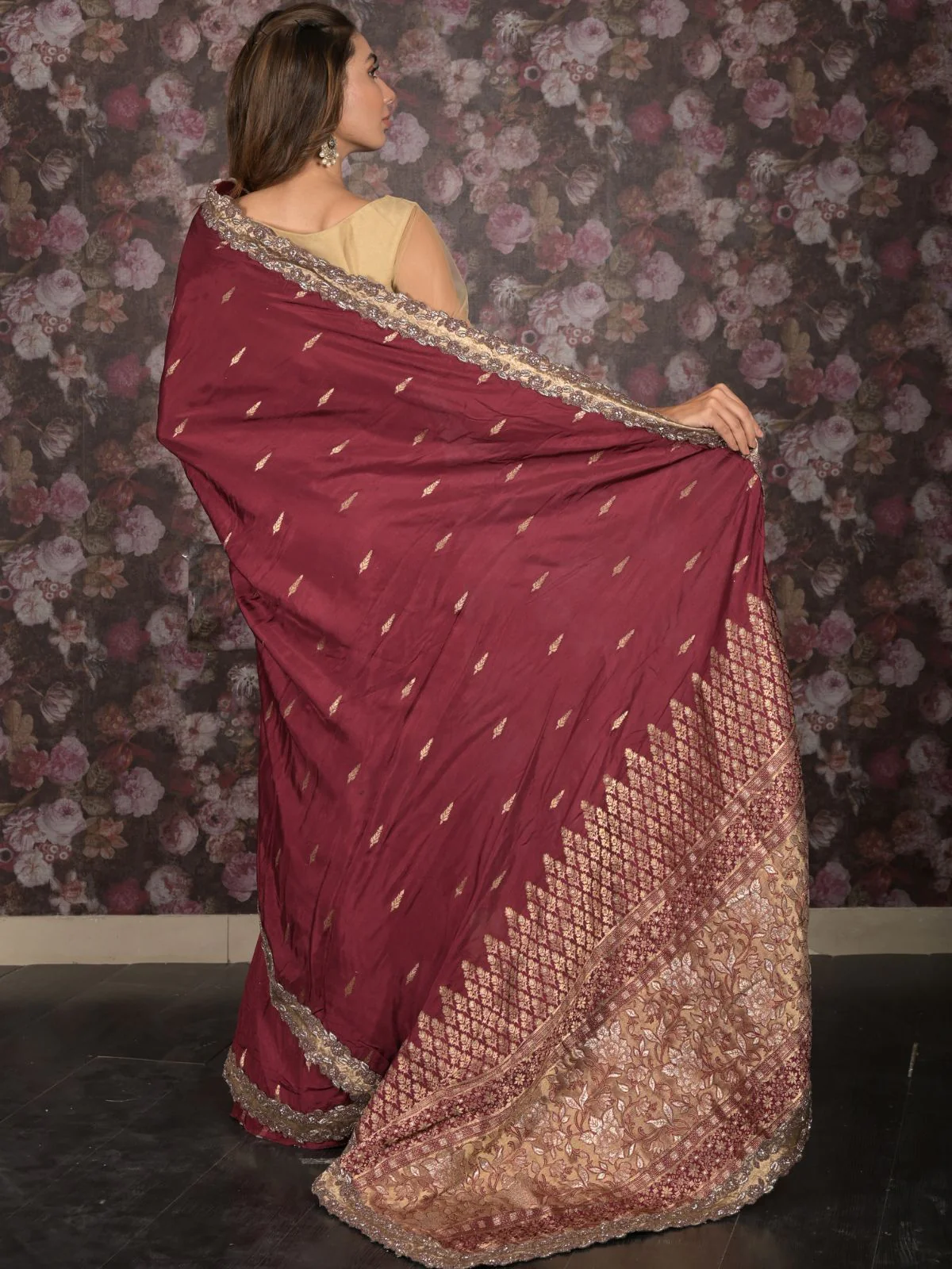 Odette Maroon Zari and Stone Embellished Woven Saree with Unstitched Blouse for Women - Image 4