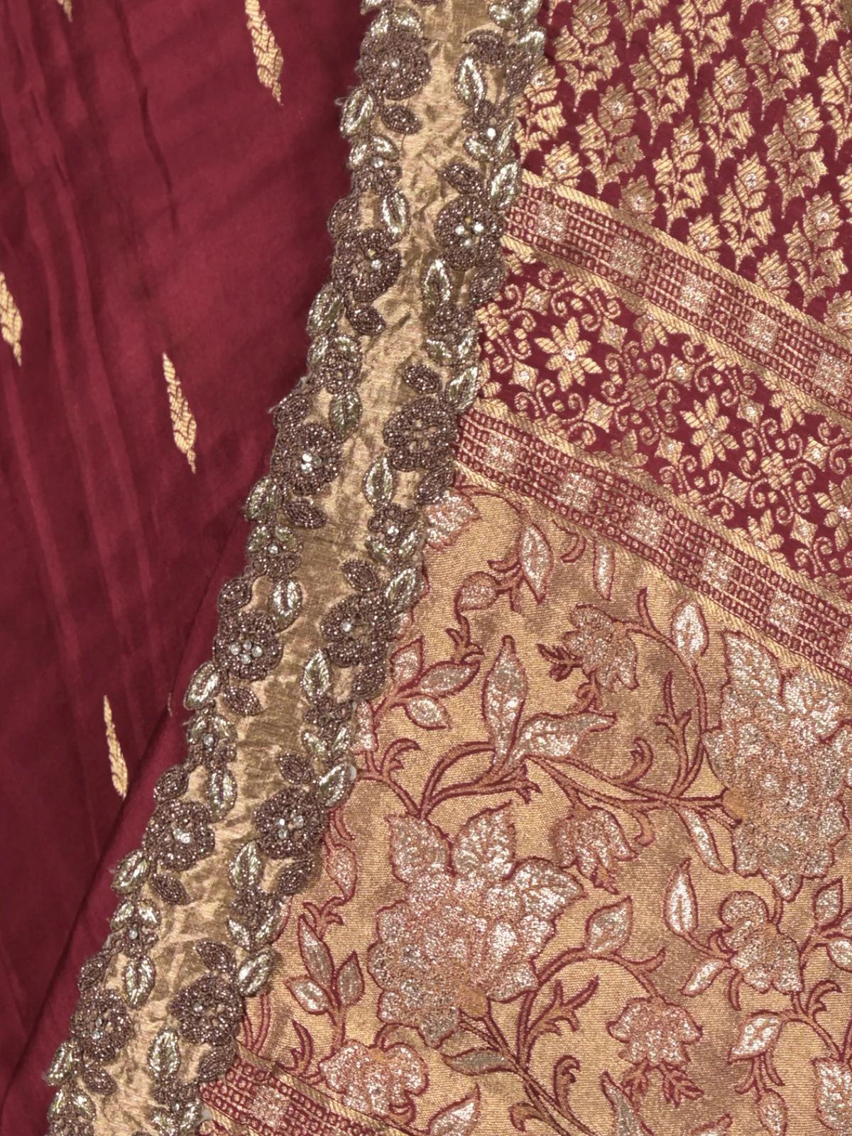 Odette Maroon Zari and Stone Embellished Woven Saree with Unstitched Blouse for Women - Image 5