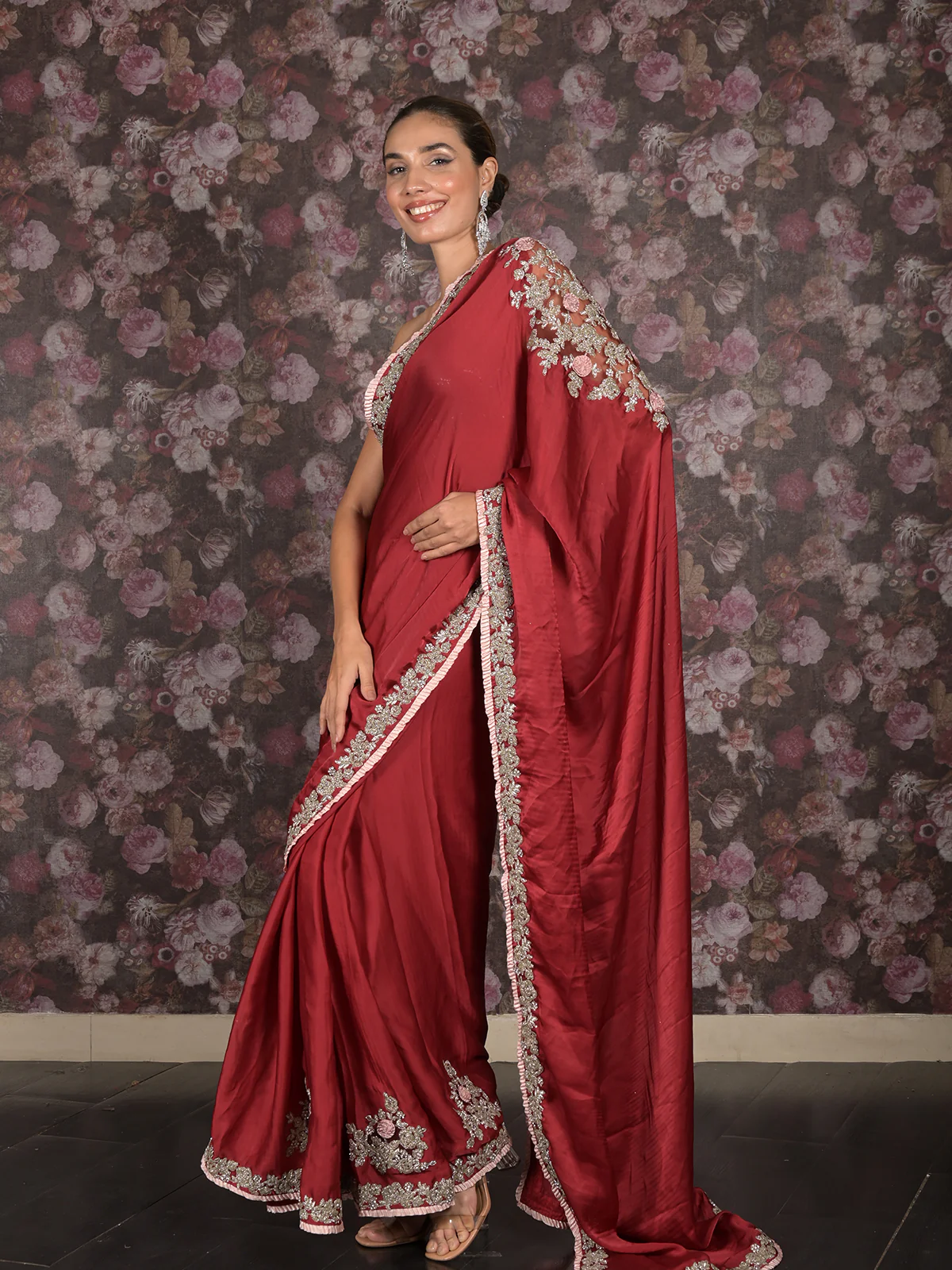 Odette Maroon Zari and Stone Embroidered Satin Saree with Unstitched Blouse for Women - Image 3
