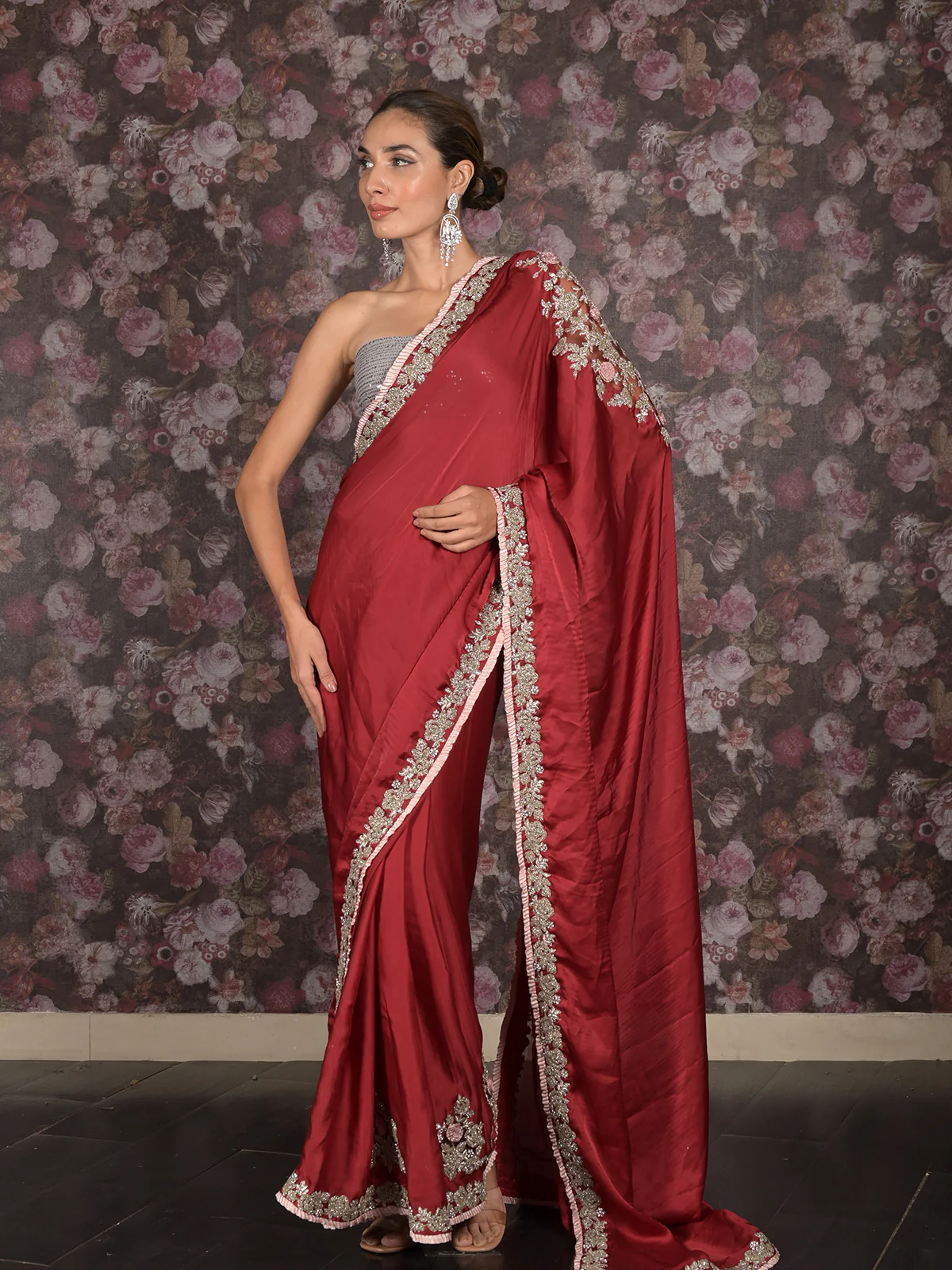 Odette Maroon Zari and Stone Embroidered Satin Saree with Unstitched Blouse for Women - Image 4