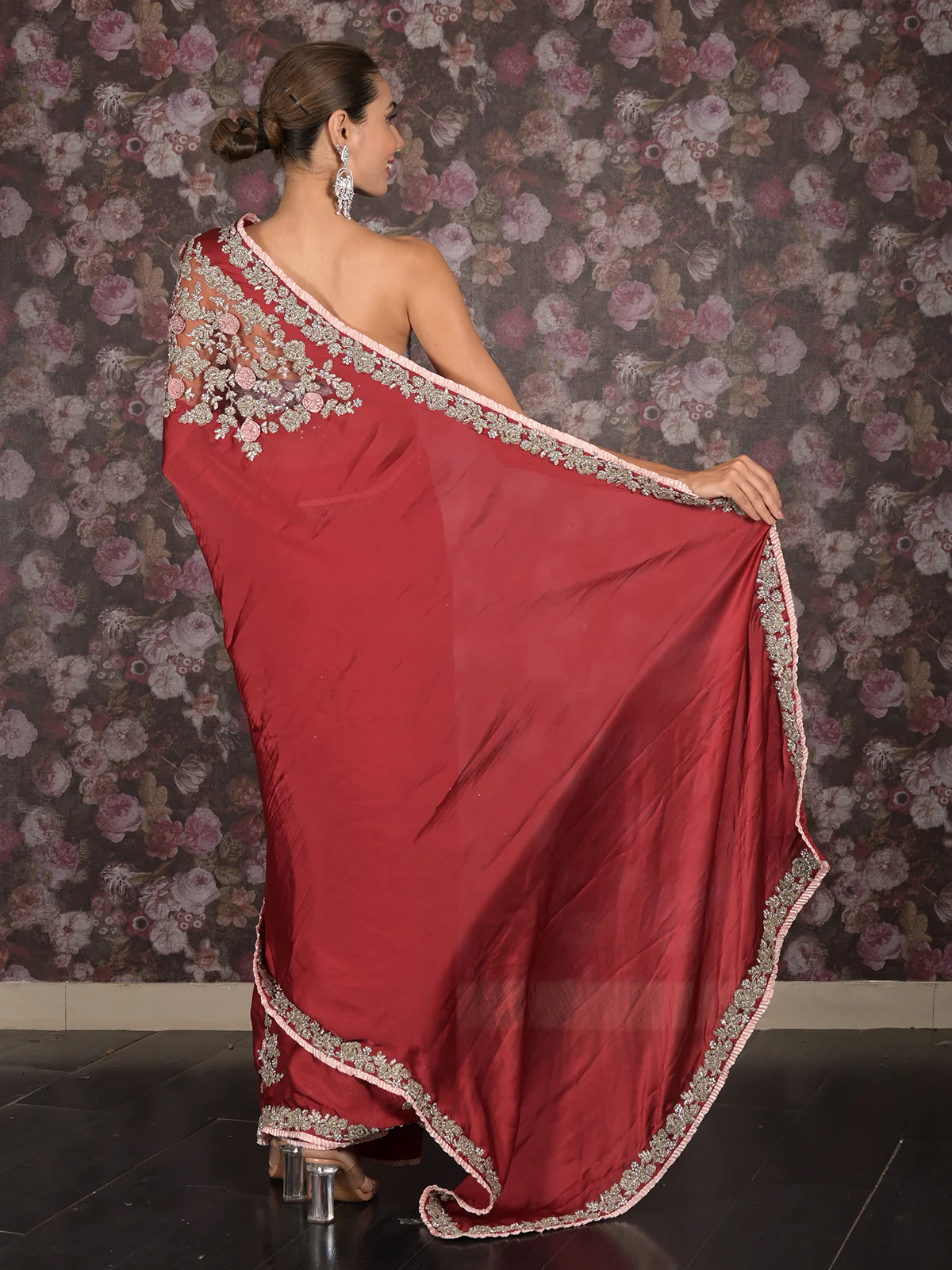 Odette Maroon Zari and Stone Embroidered Satin Saree with Unstitched Blouse for Women - Image 5