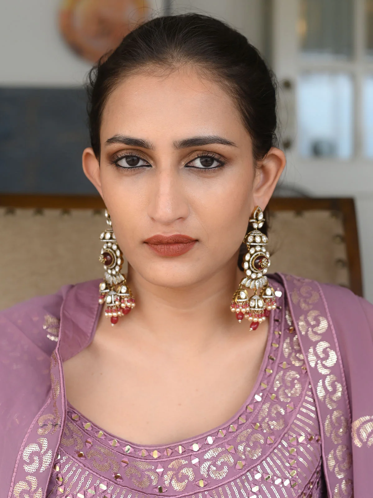 Odette Maroon Zircon Gold Plated Dangler Earrings For Women - Image 2