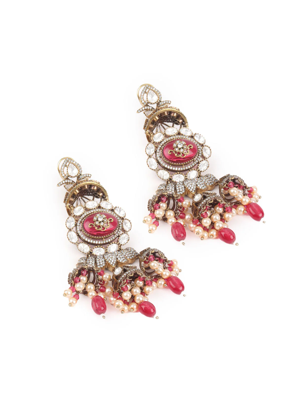 Odette Maroon Zircon Gold Plated Dangler Earrings For Women - Image 5
