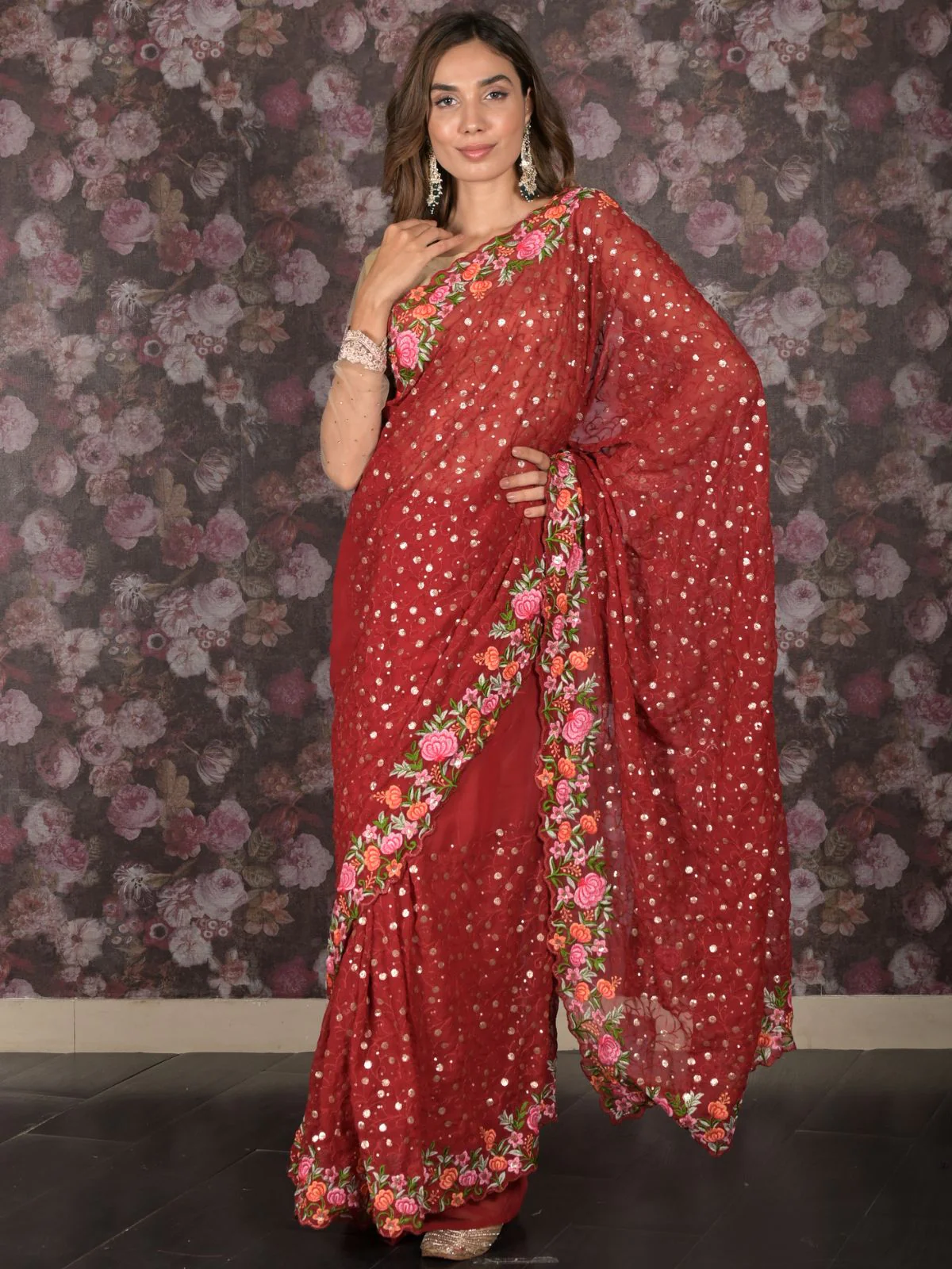 Odette Maroon Floral Embroidered Georgette Saree with Unstitched Blouse for Women - Image 3