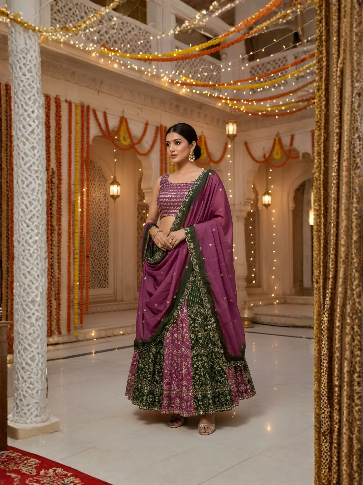 Odette Mauve and Dark Green Chinon Embellished Semi Stitched Lehenga For Women