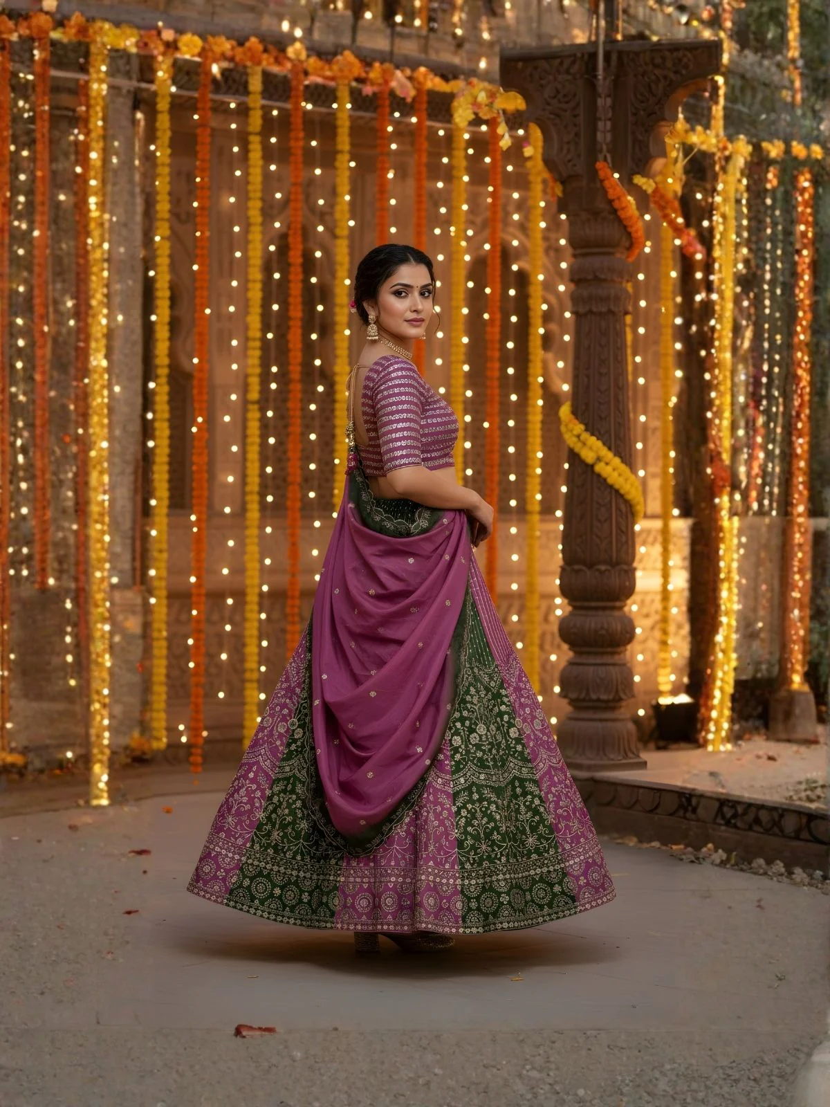 Odette Mauve and Dark Green Chinon Embellished Semi Stitched Lehenga For Women - Image 2
