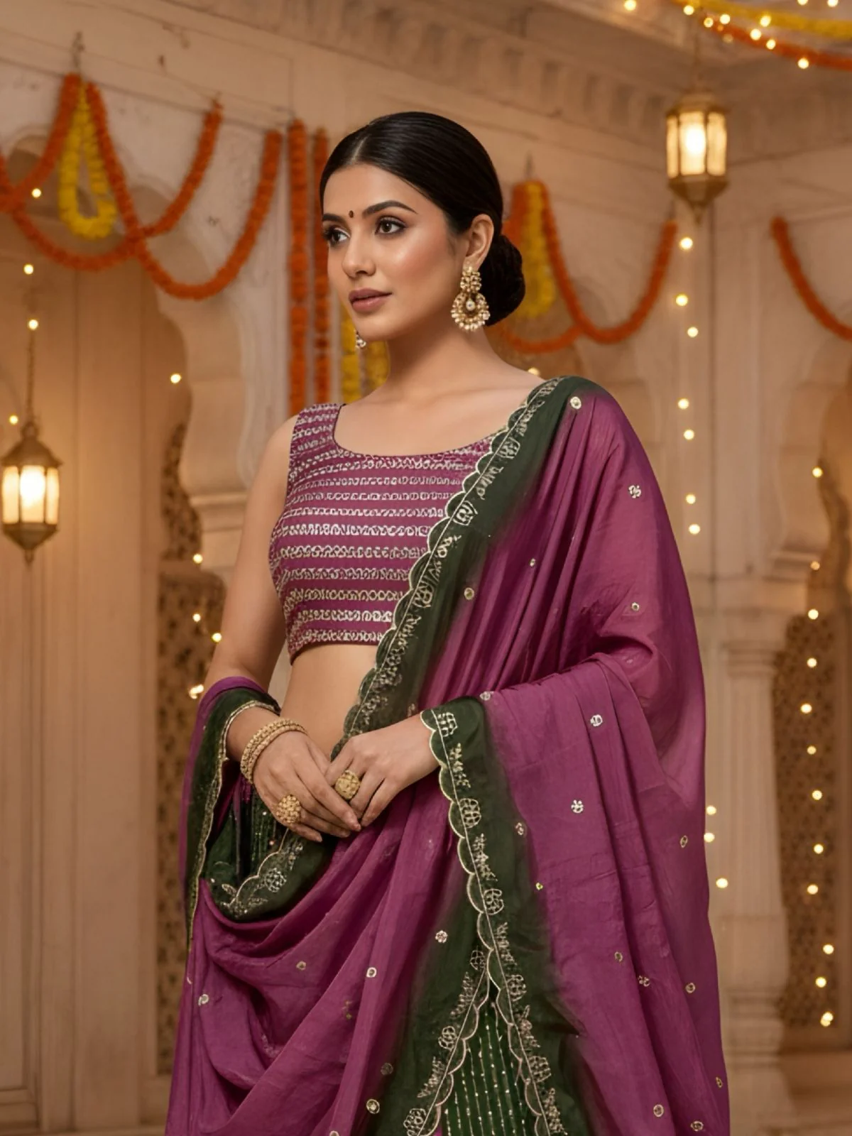 Odette Mauve and Dark Green Chinon Embellished Semi Stitched Lehenga For Women - Image 3