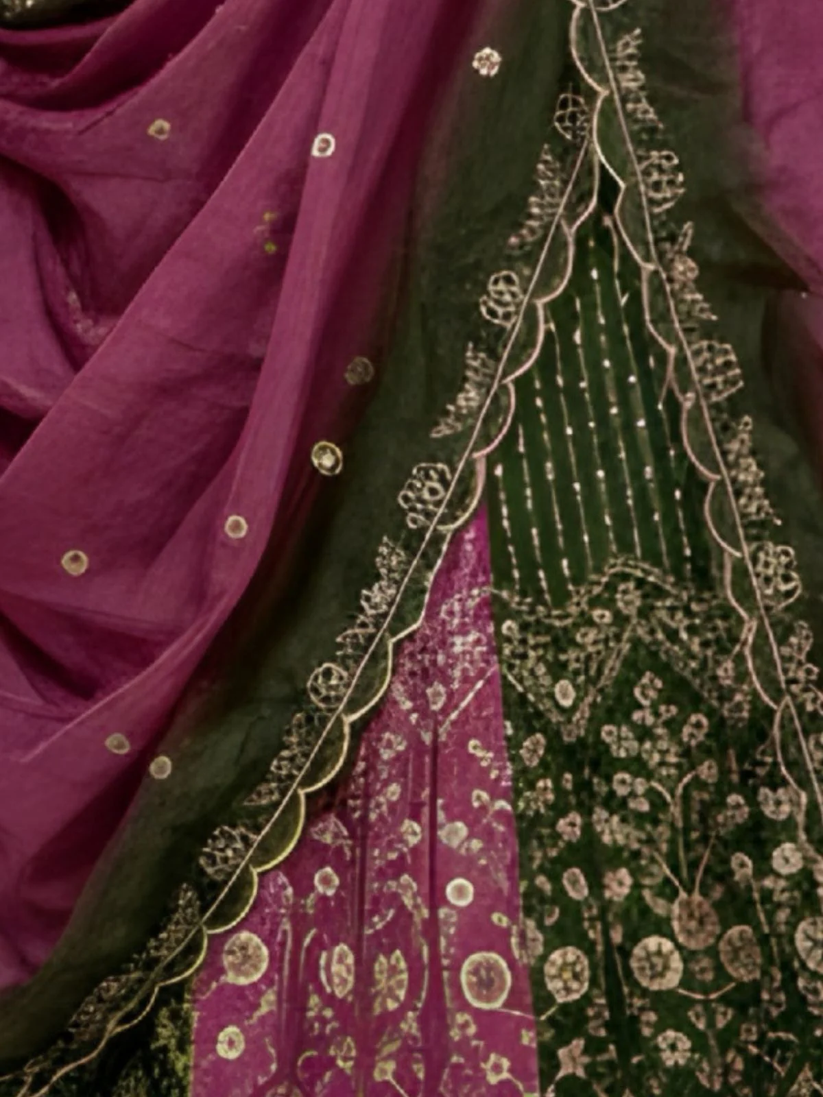 Odette Mauve and Dark Green Chinon Embellished Semi Stitched Lehenga For Women - Image 4