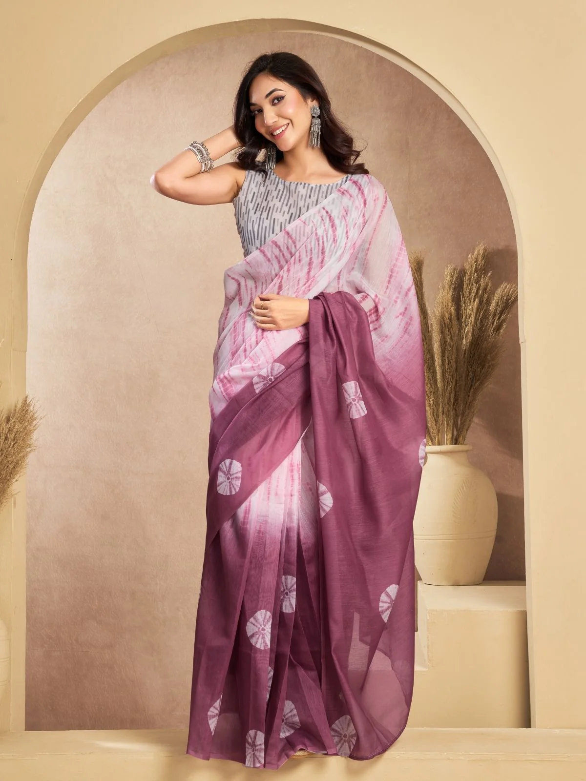 Odette Mauve And Light Pink Cotton Linen Zari Work Saree For Women - Image 3
