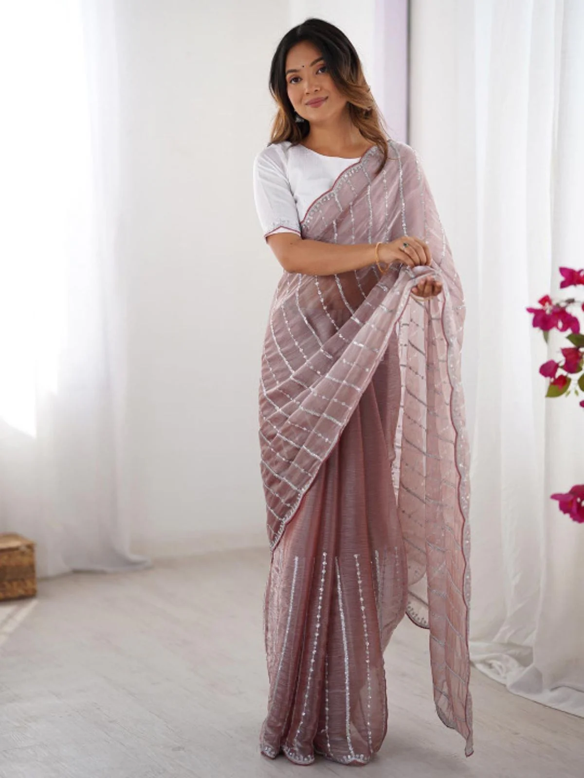 Odette Mauve Chiffon Embellished Solid Saree For Women