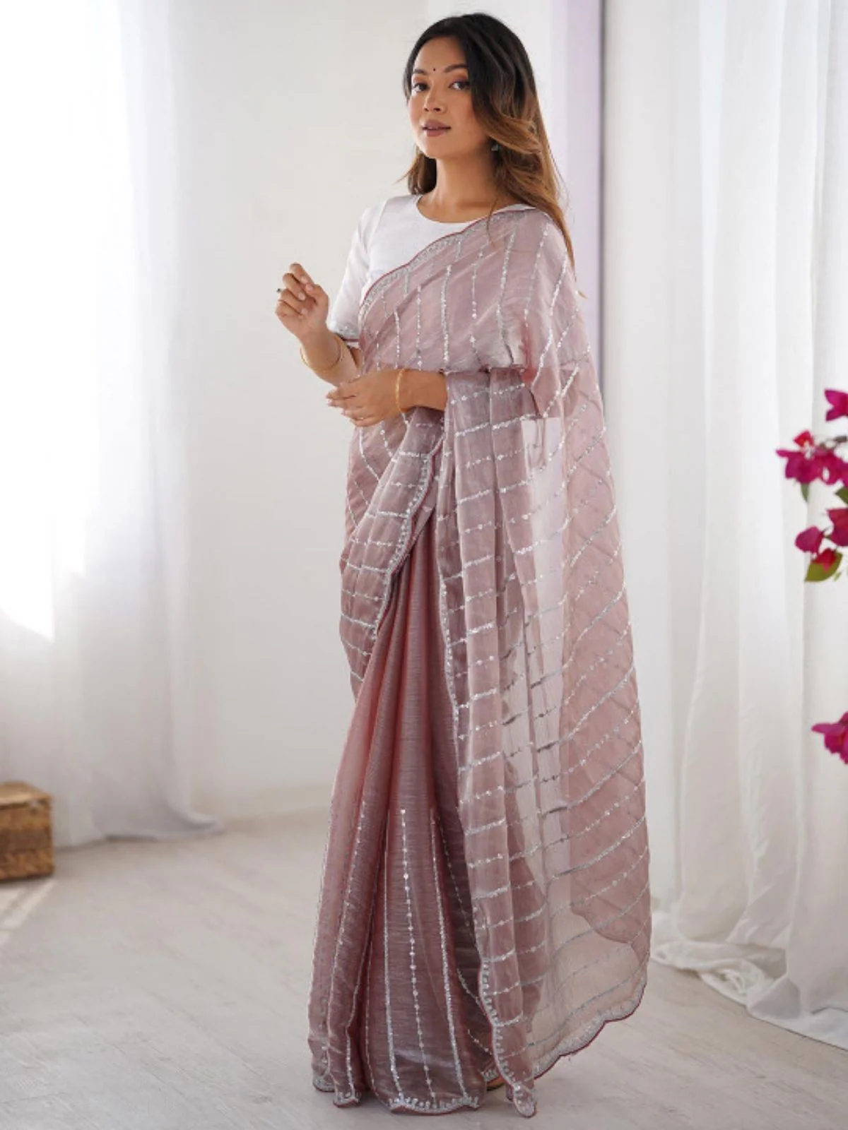 Odette Mauve Chiffon Embellished Solid Saree For Women - Image 3