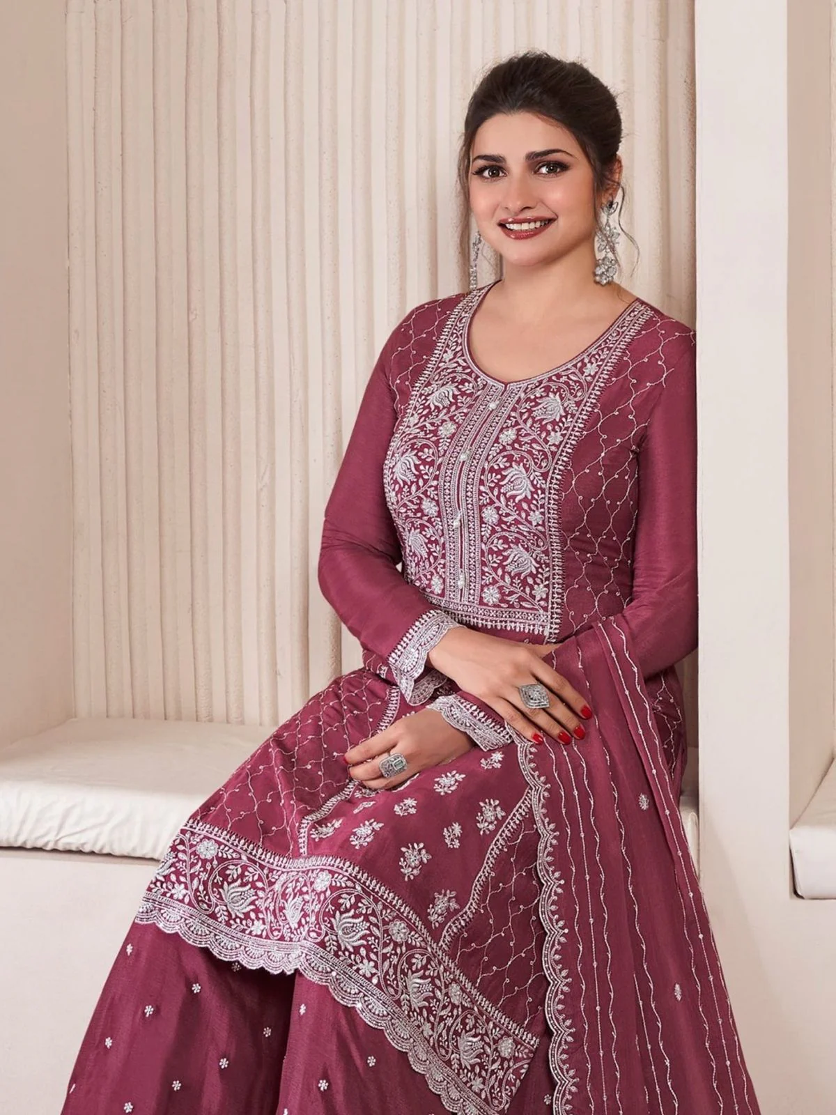 Odette Mauve Chiffon Embroidered Semi Stitched Kurta Set For Women - Image 2