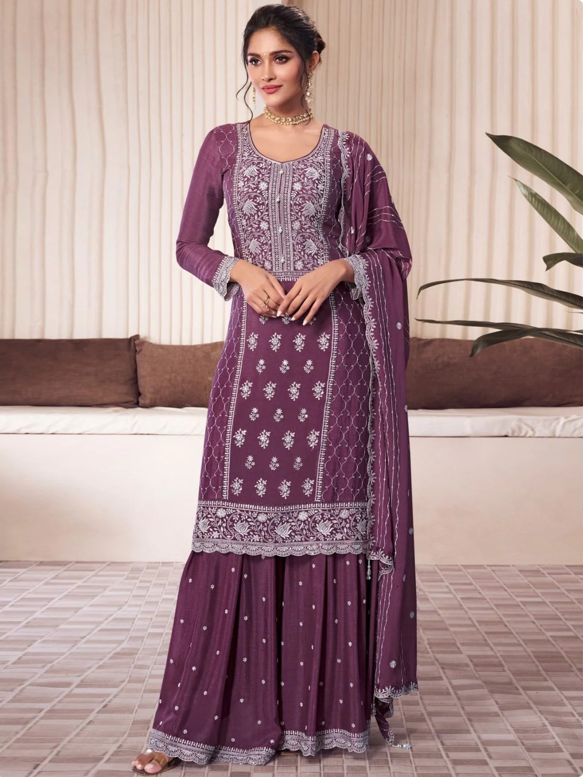 Odette Mauve Chiffon Embroidered Semi Stitched Kurta Set For Women
