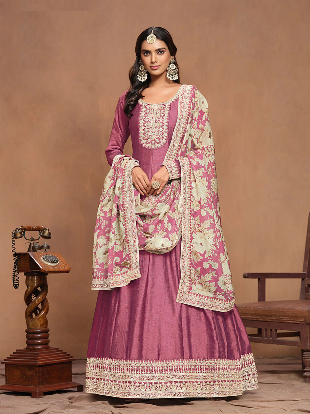 Odette Mauve Embroidered Art Silk Semi Stitched Gown With Dupatta For Women - Image 2