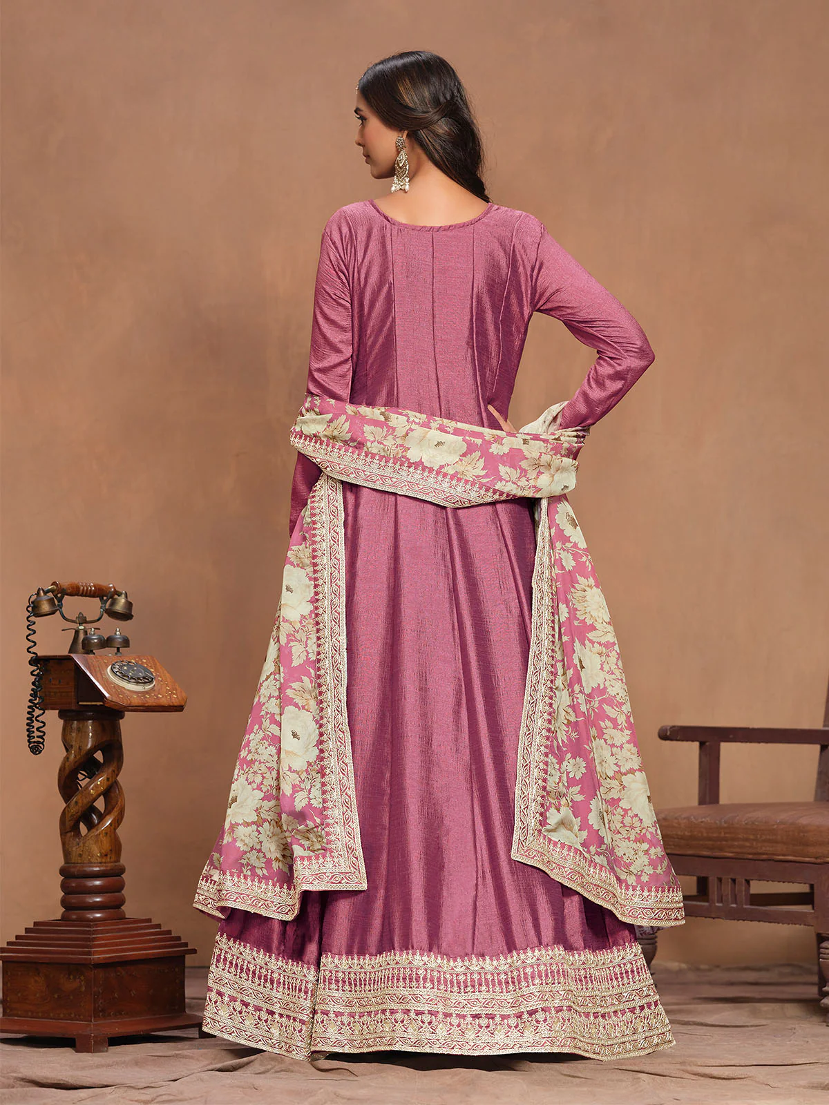 Odette Mauve Embroidered Art Silk Semi Stitched Gown With Dupatta For Women - Image 4