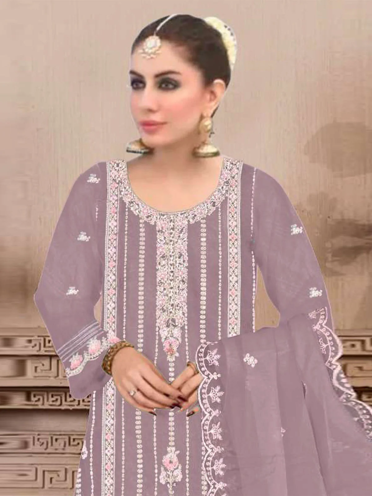 Odette Mauve Embroidered Georgette Semi Stitched Kurta Set With Dupatta For Women - Image 2