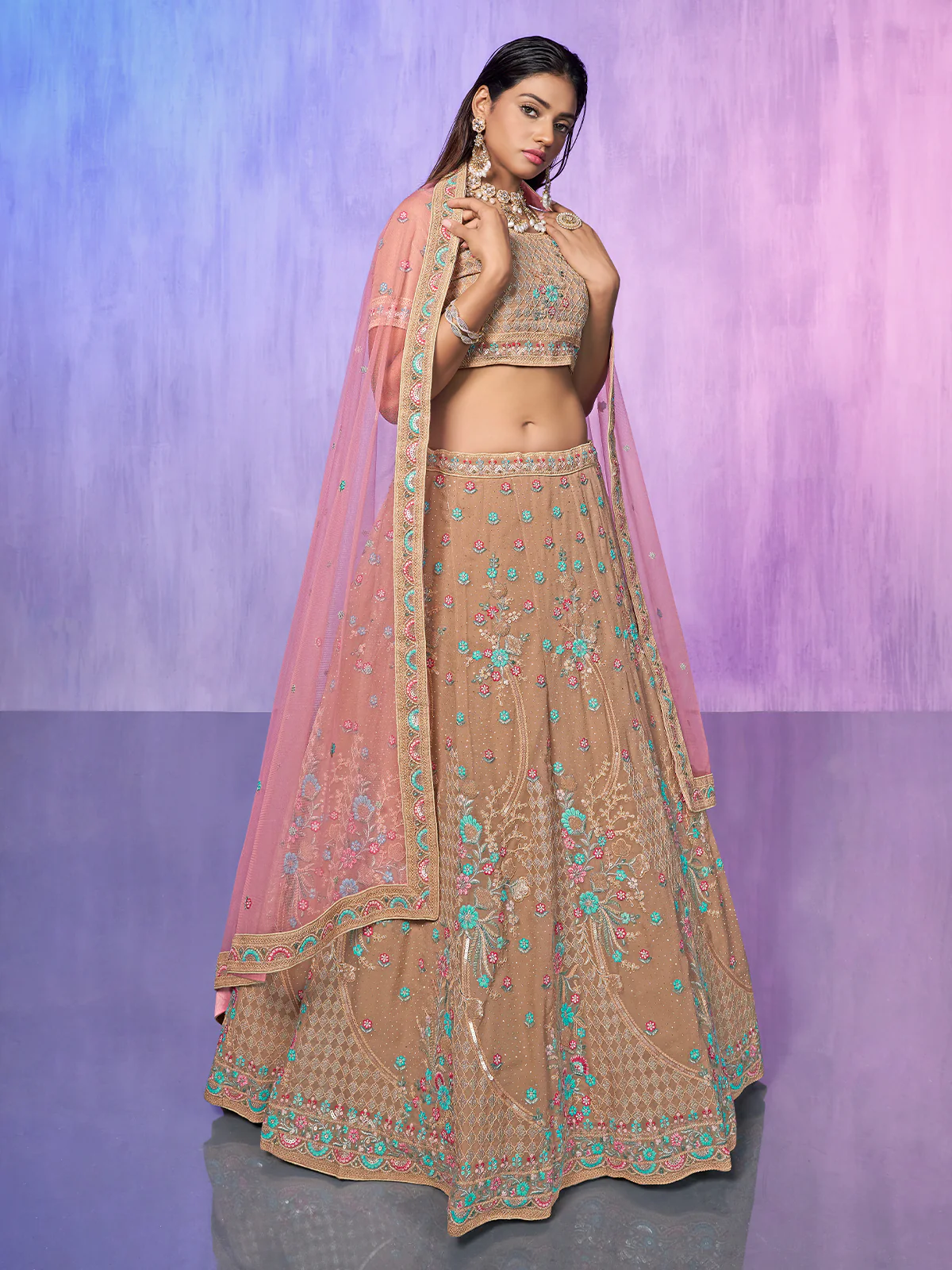 Odette Beige Embroidered Georgette Semi Stitched Lehenga With Unstitched Blouse For Women - Image 2